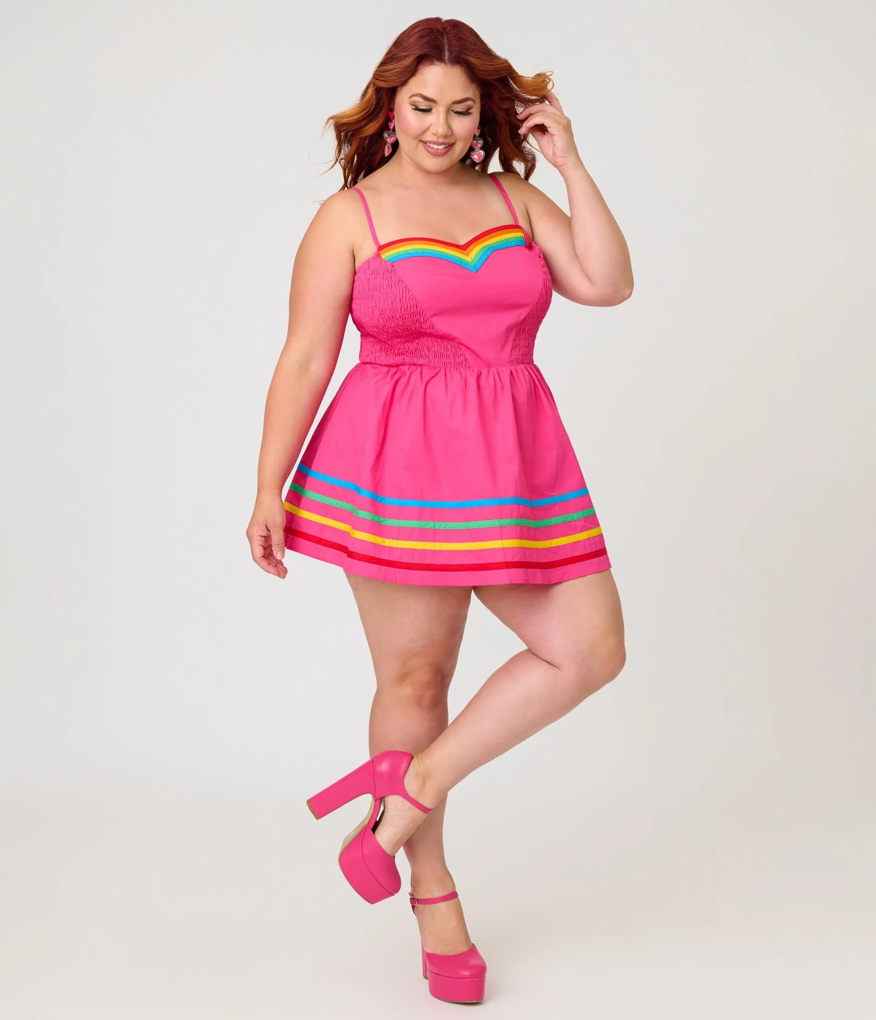 Unique Vintage Plus Size Hot Pink & Rainbow Cotton Skirted Romper - Image 4