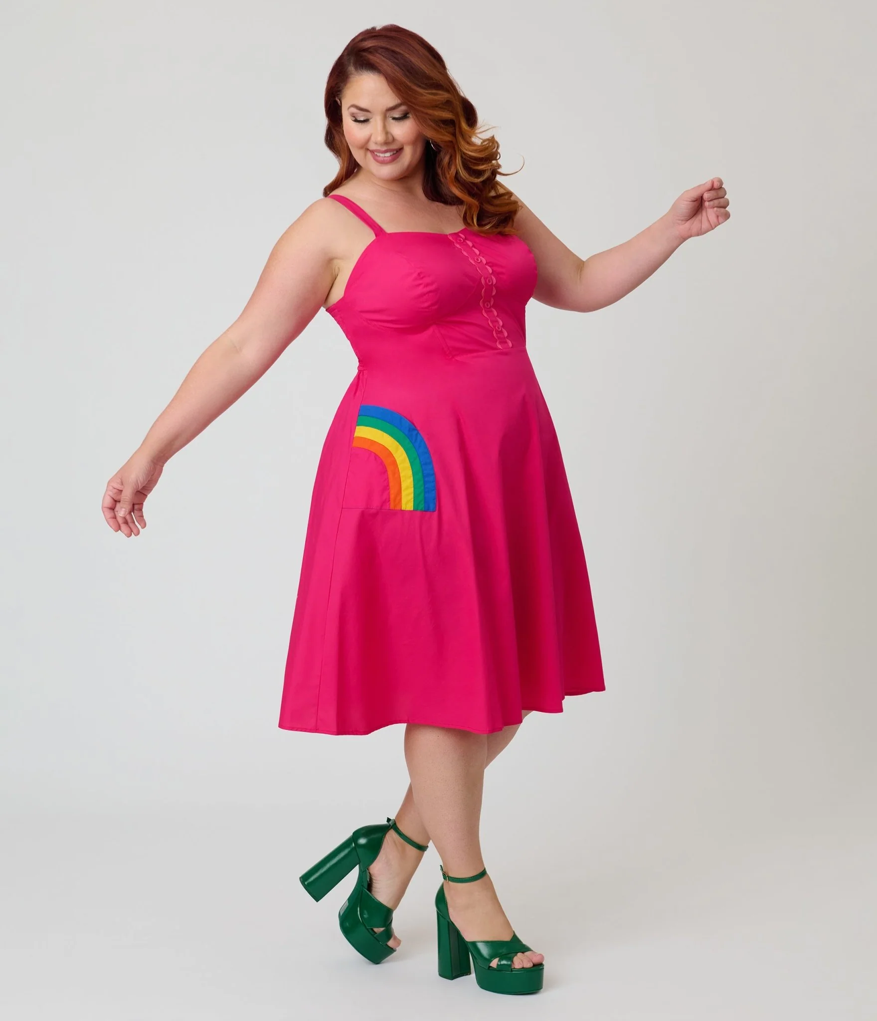 Unique Vintage Plus Size Hot Pink & Rainbow Pockets Sweetheart Swing Dress - Image 3