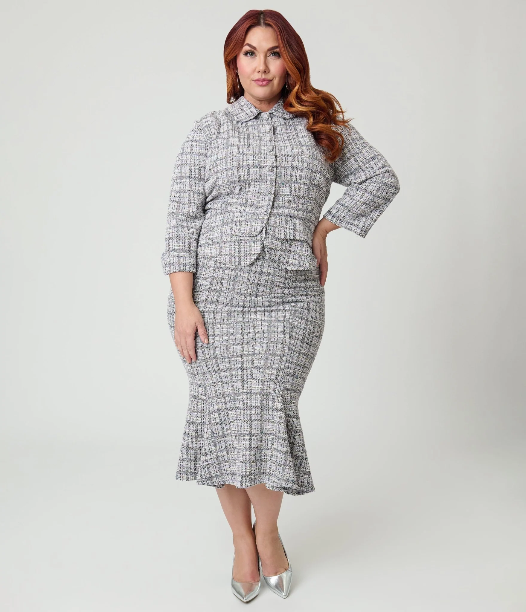 Unique Vintage Plus Size Lavender Plaid Boucle Trumpet Skirt - Image 4