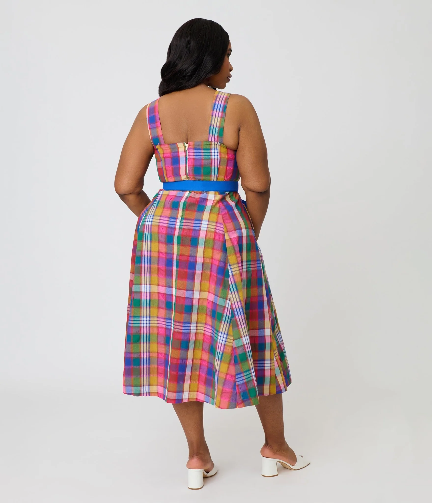 Unique Vintage Plus Size Madras Plaid Picnic Perfect Midi Dress - Image 2