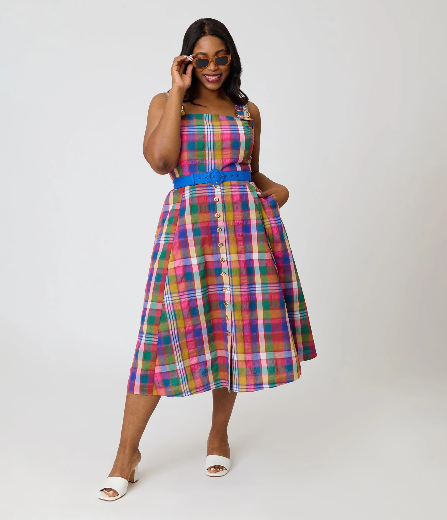Unique Vintage Plus Size Madras Plaid Picnic Perfect Midi Dress - Image 3