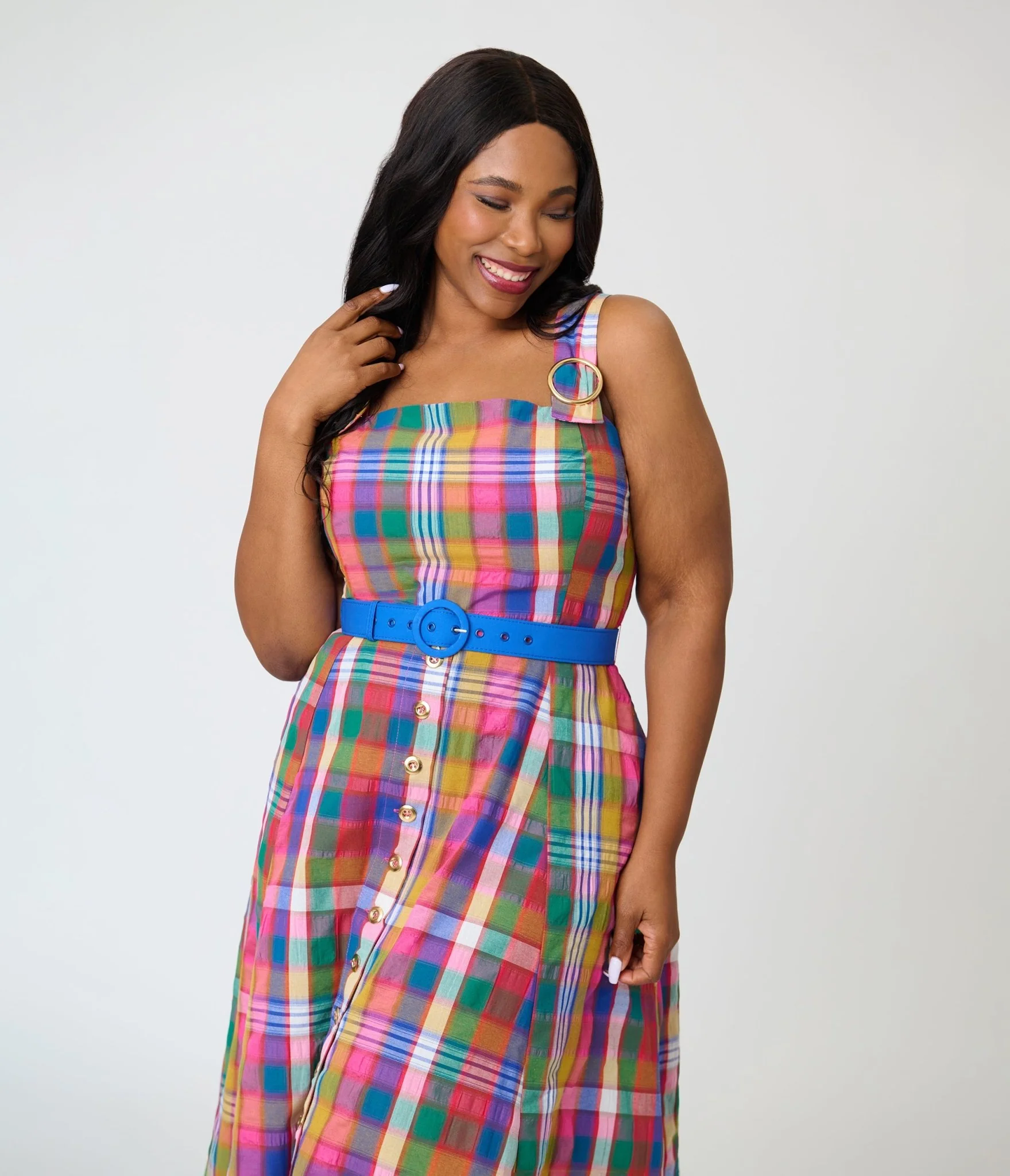 Unique Vintage Plus Size Madras Plaid Picnic Perfect Midi Dress - Image 5