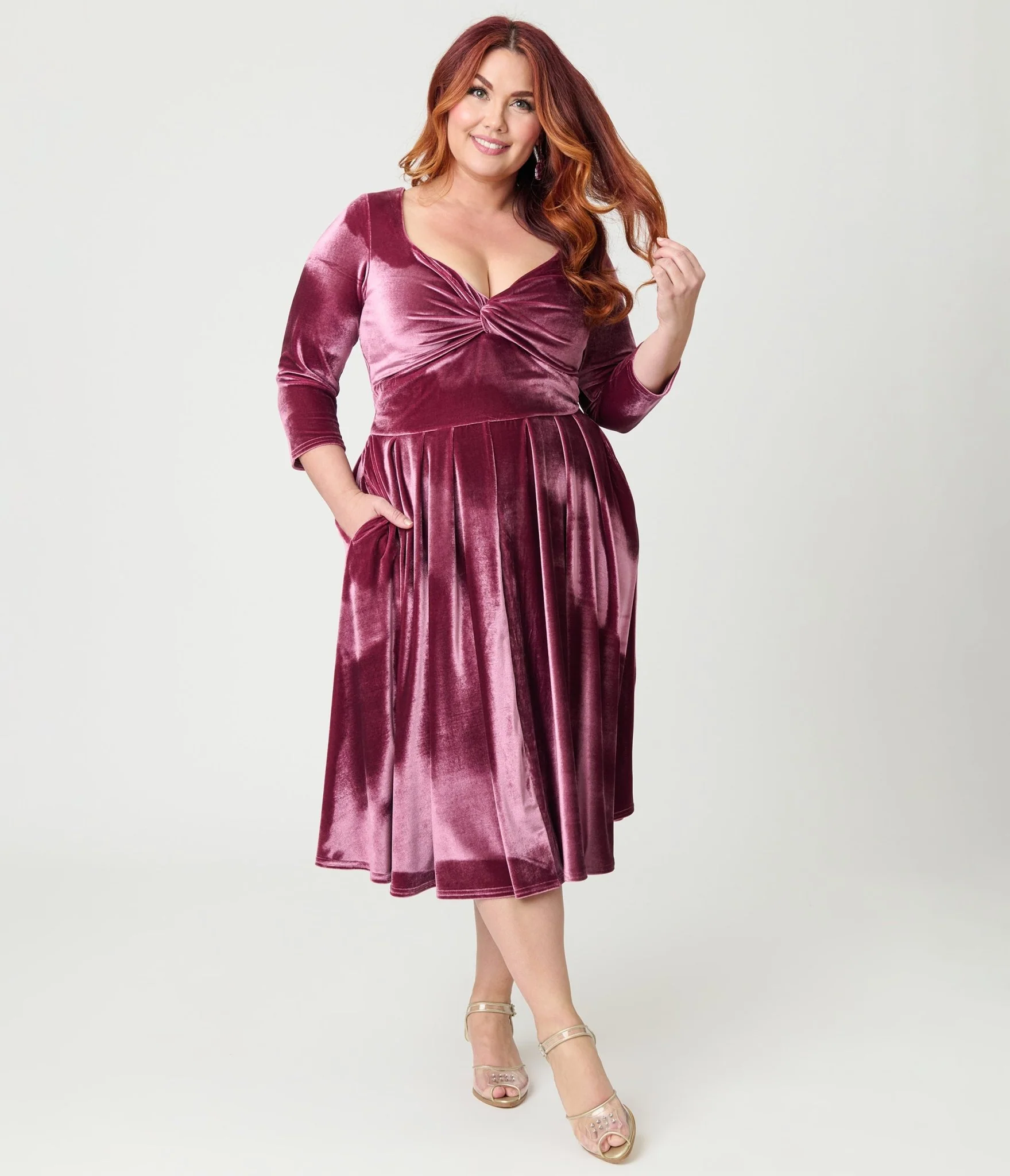 Unique Vintage Plus Size Mauve Velvet Front Twist Swing Dress - Image 3