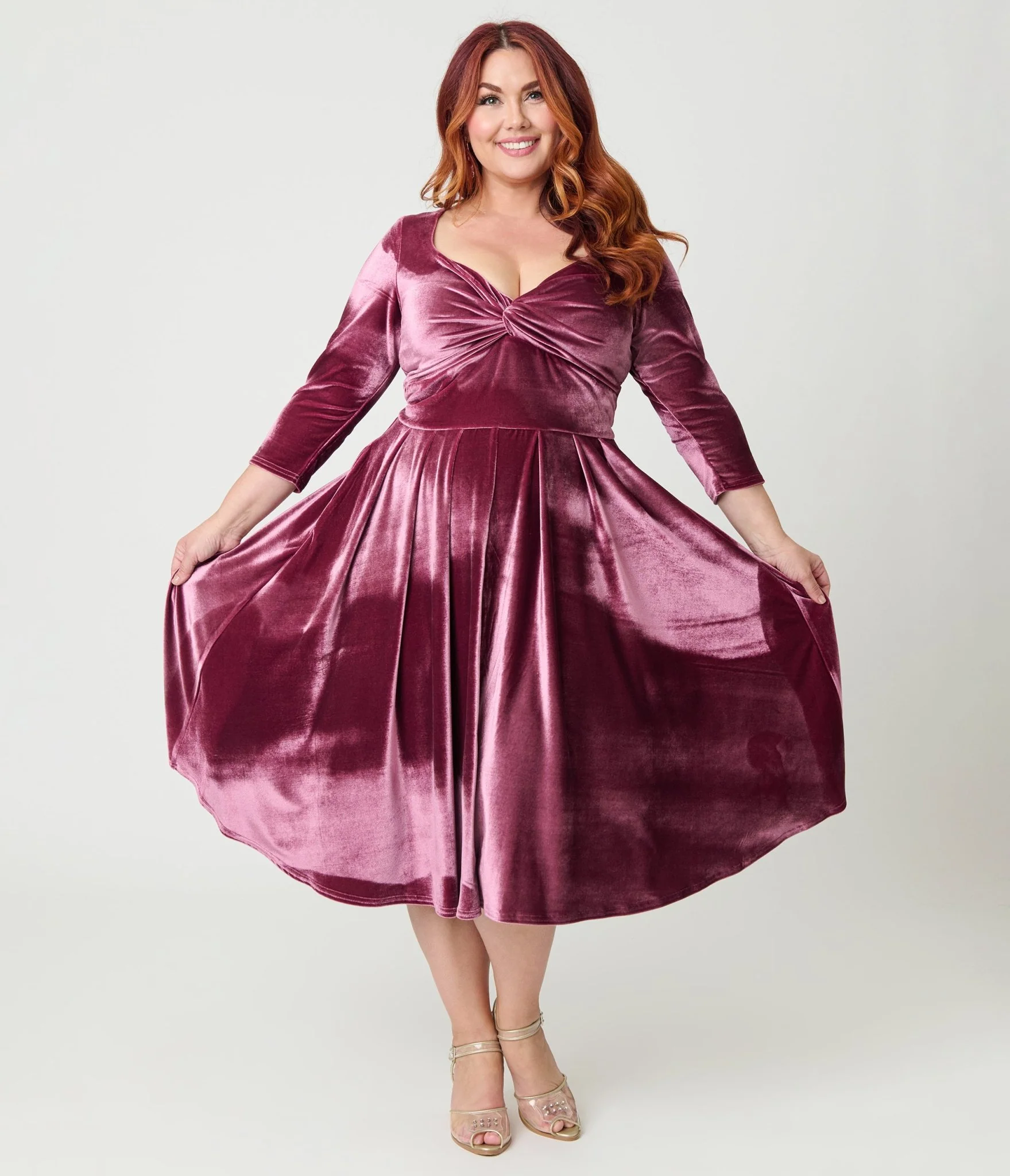 Unique Vintage Plus Size Mauve Velvet Front Twist Swing Dress - Image 4