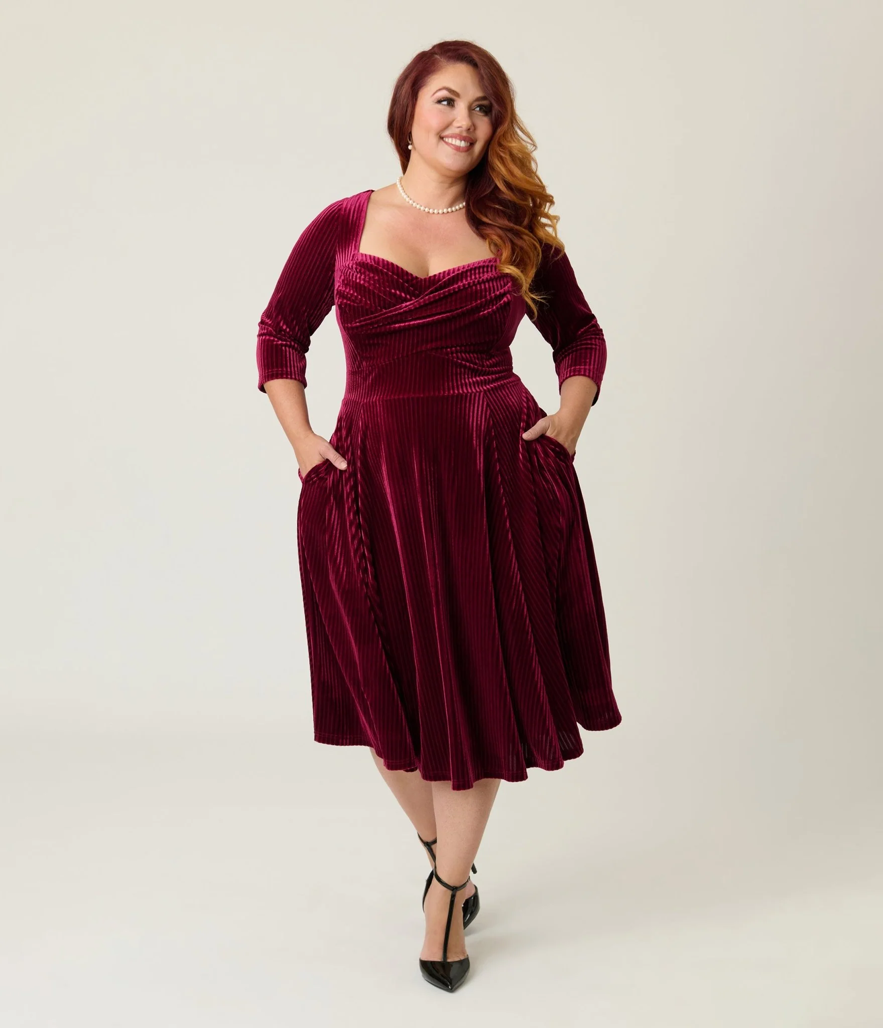 Unique Vintage Plus Size Merlot Striped Velvet Pleated Bust Swing Dress - Image 3
