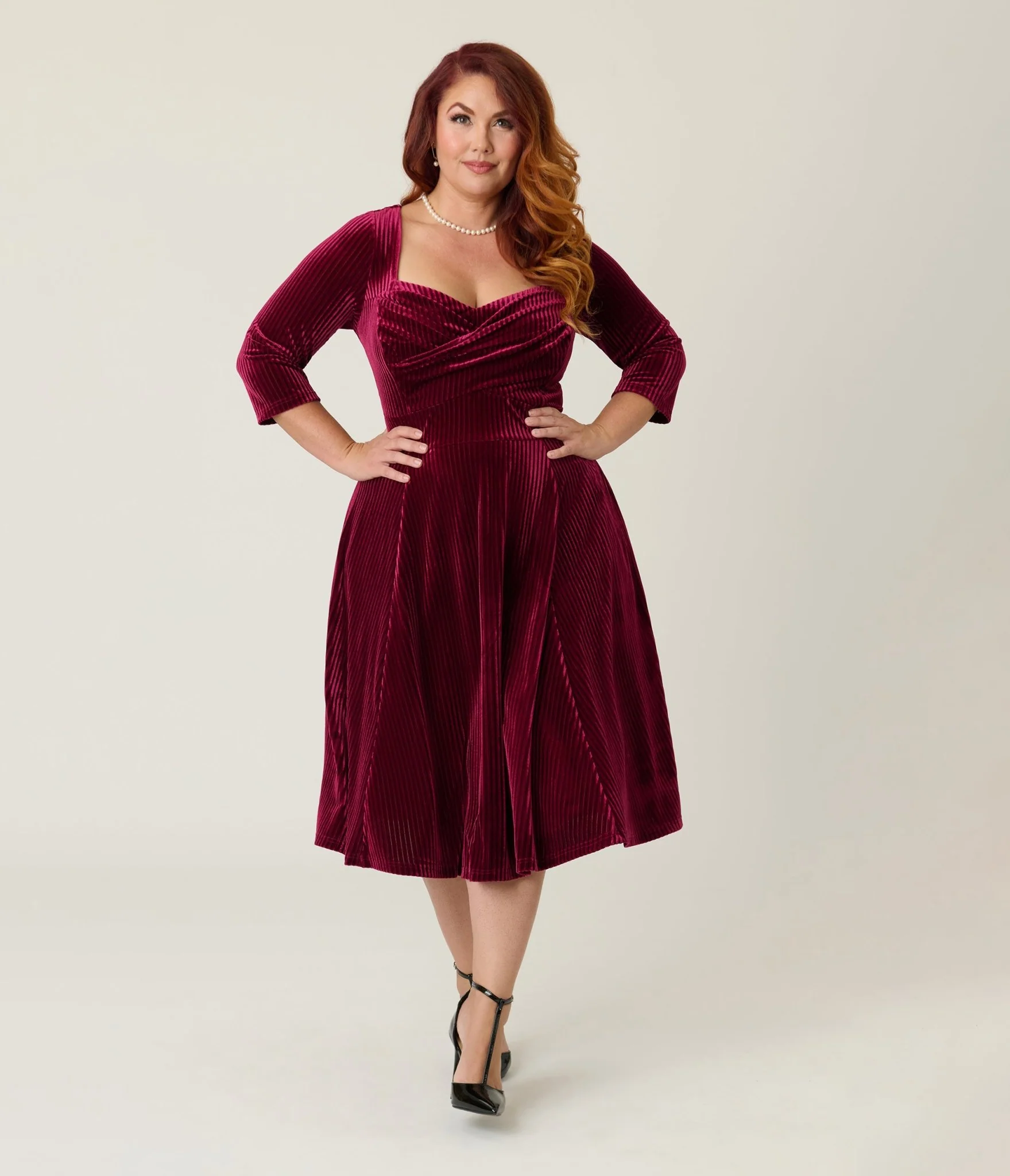 Unique Vintage Plus Size Merlot Striped Velvet Pleated Bust Swing Dress - Image 4