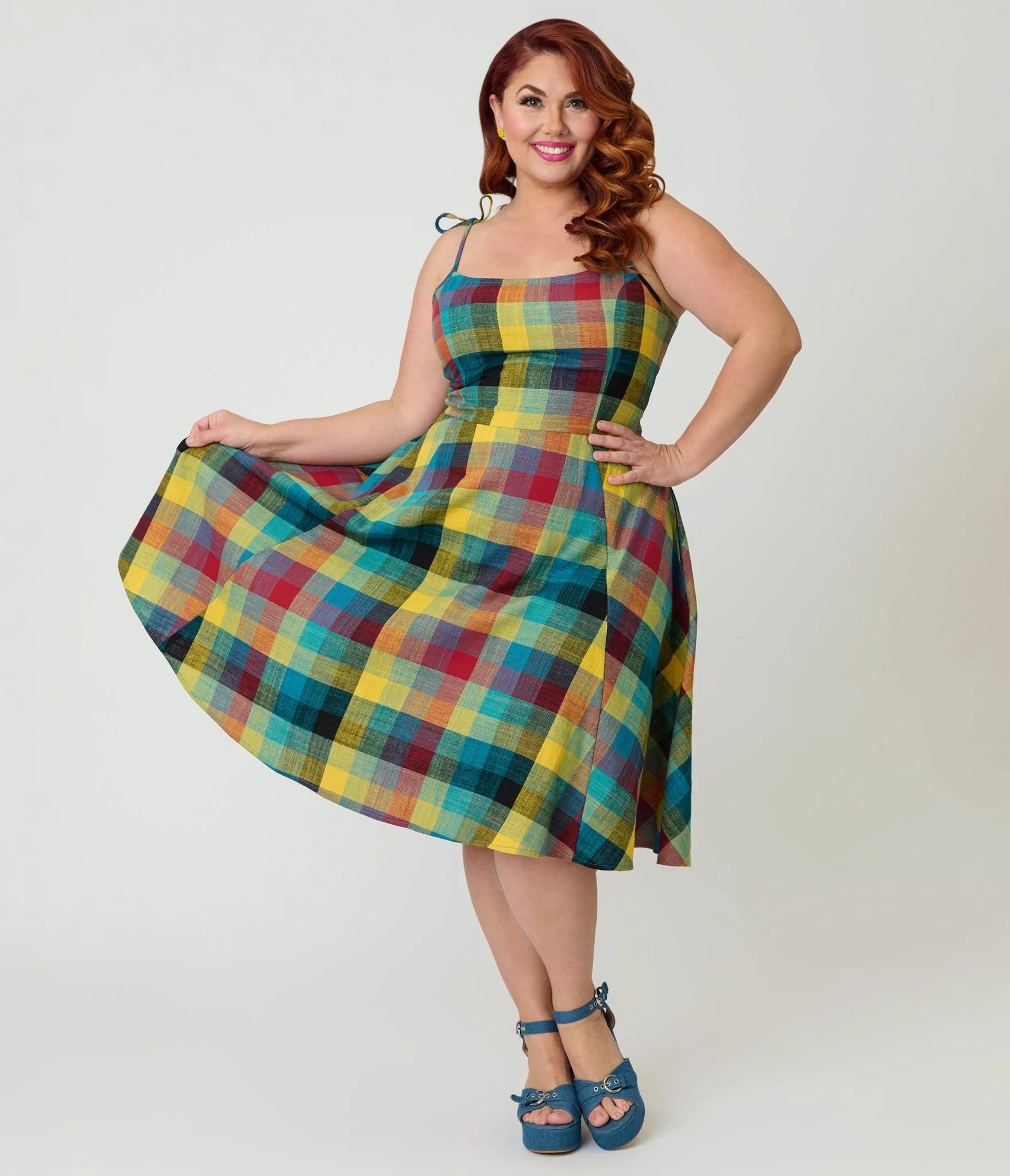 Unique Vintage Plus Size Multi Plaid Cotton Bobbie Swing Dress - Image 3