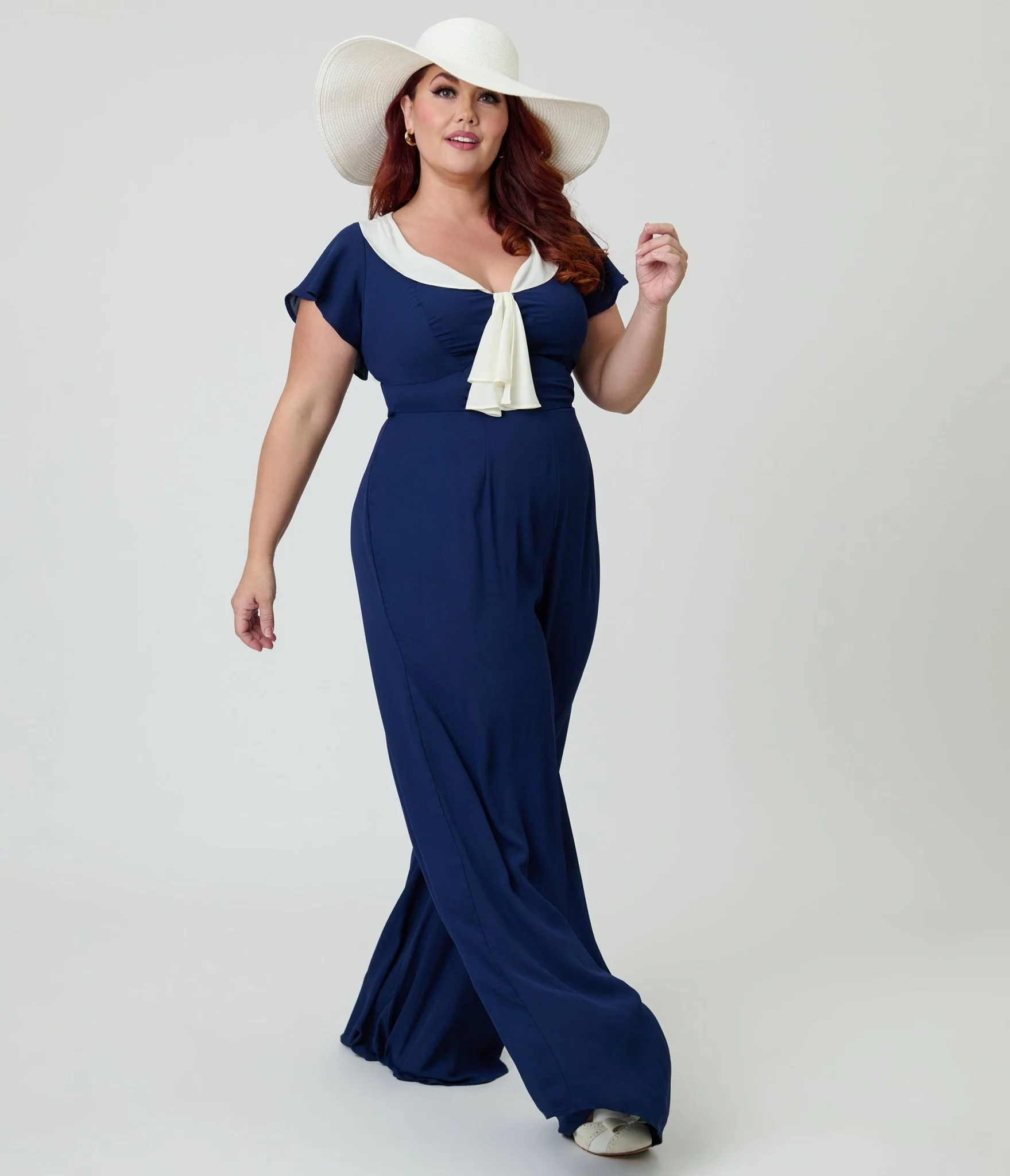 Unique Vintage Plus Size Navy Blue Wide Leg Jumpsuit