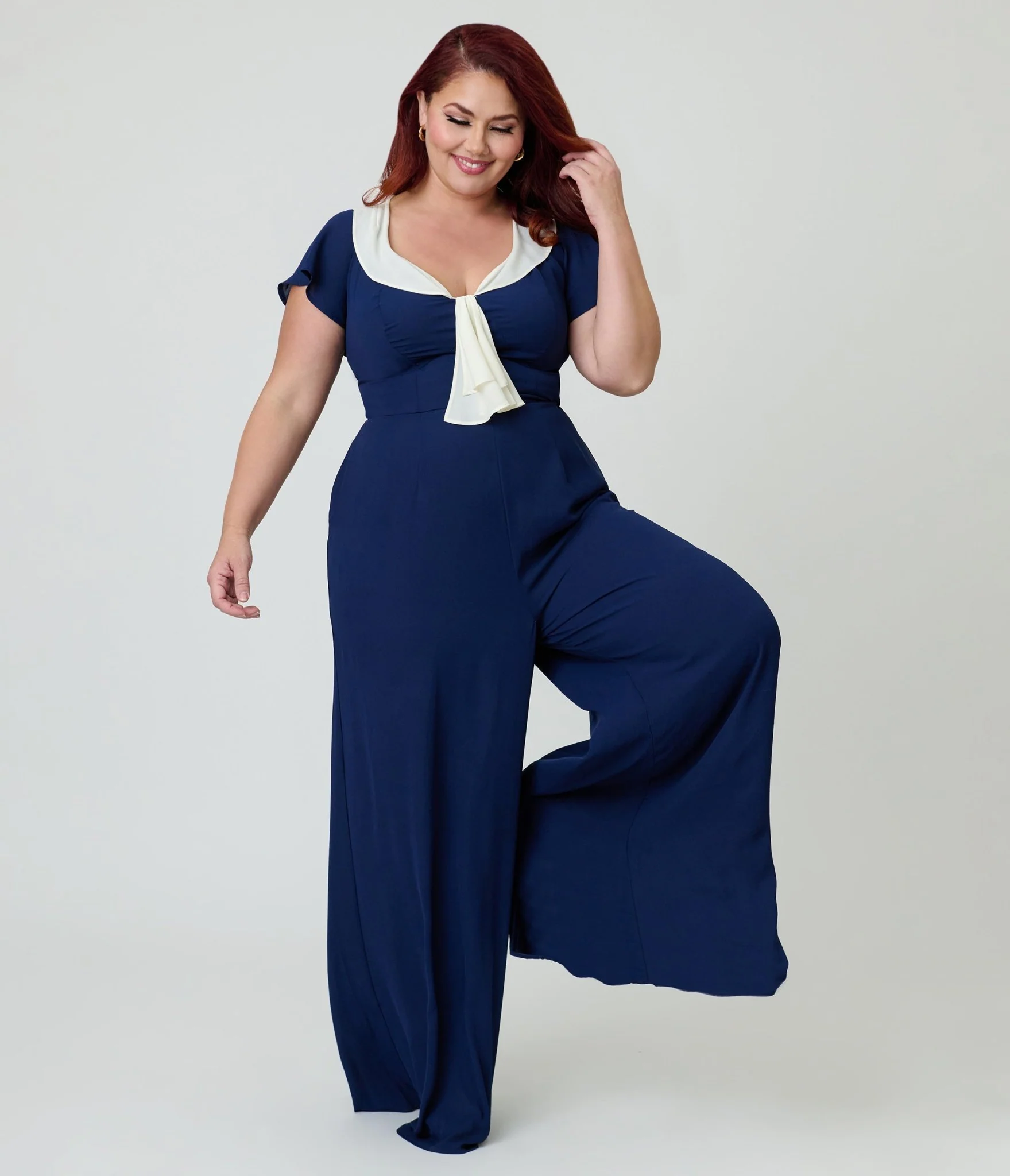 Unique Vintage Plus Size Navy Blue Wide Leg Jumpsuit - Image 3