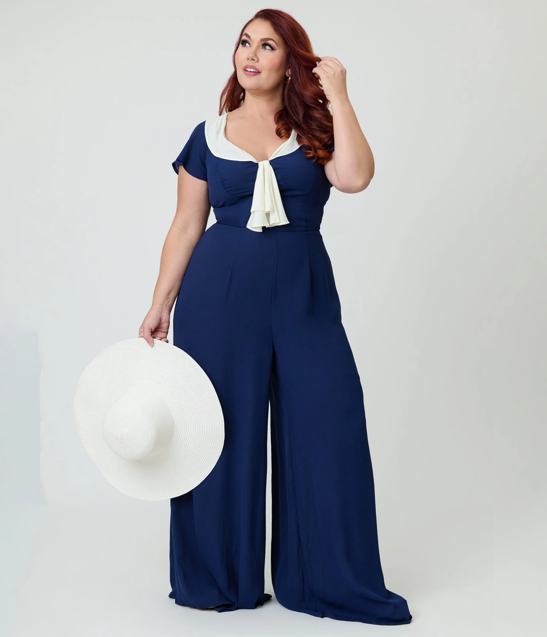 Unique Vintage Plus Size Navy Blue Wide Leg Jumpsuit - Image 4