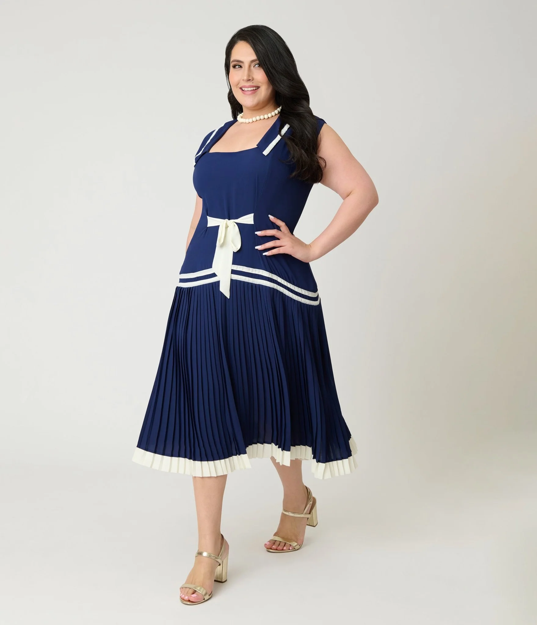 Unique Vintage Plus Size Navy Pleated Flapper Day Dress - Image 3