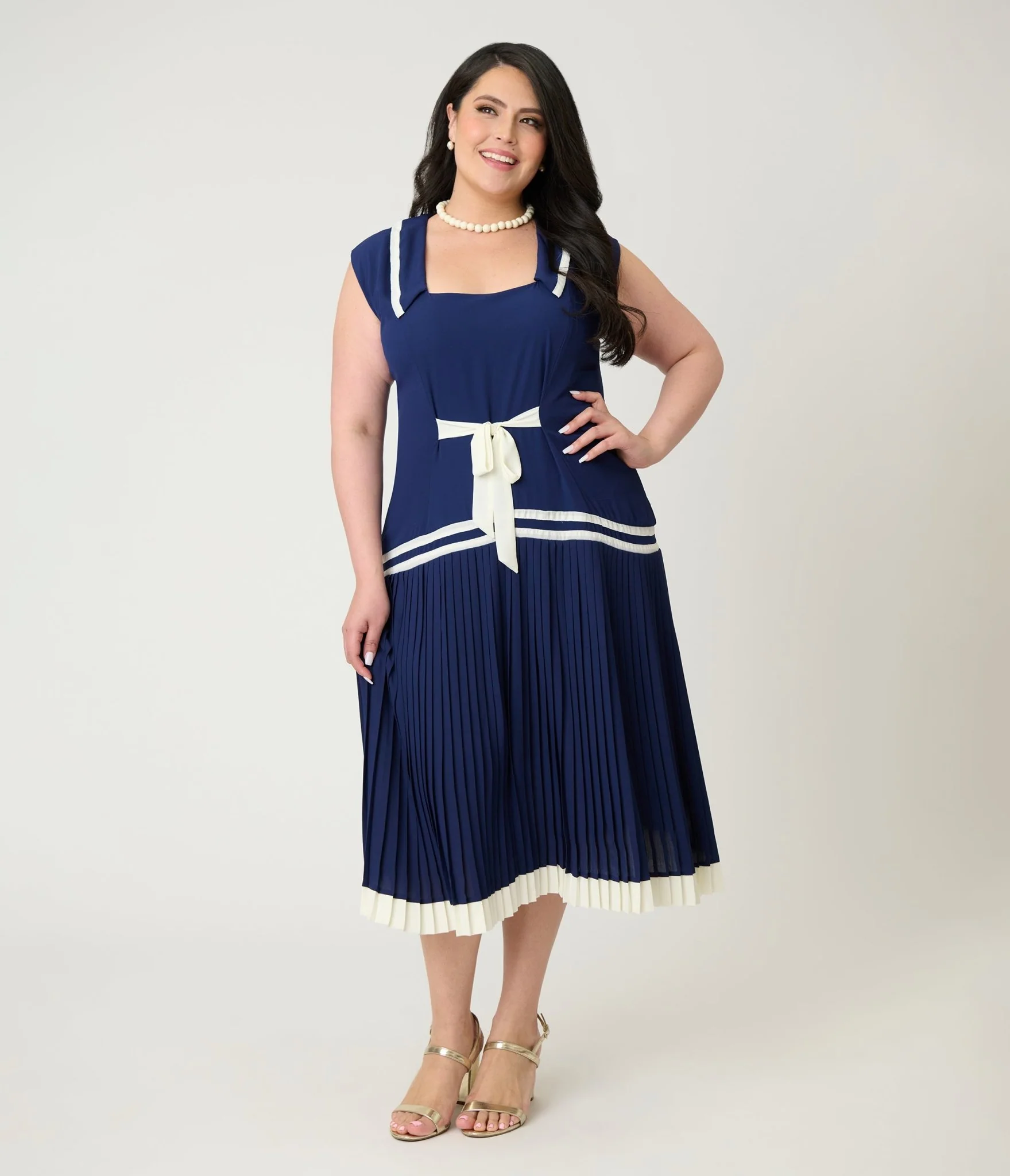 Unique Vintage Plus Size Navy Pleated Flapper Day Dress - Image 4