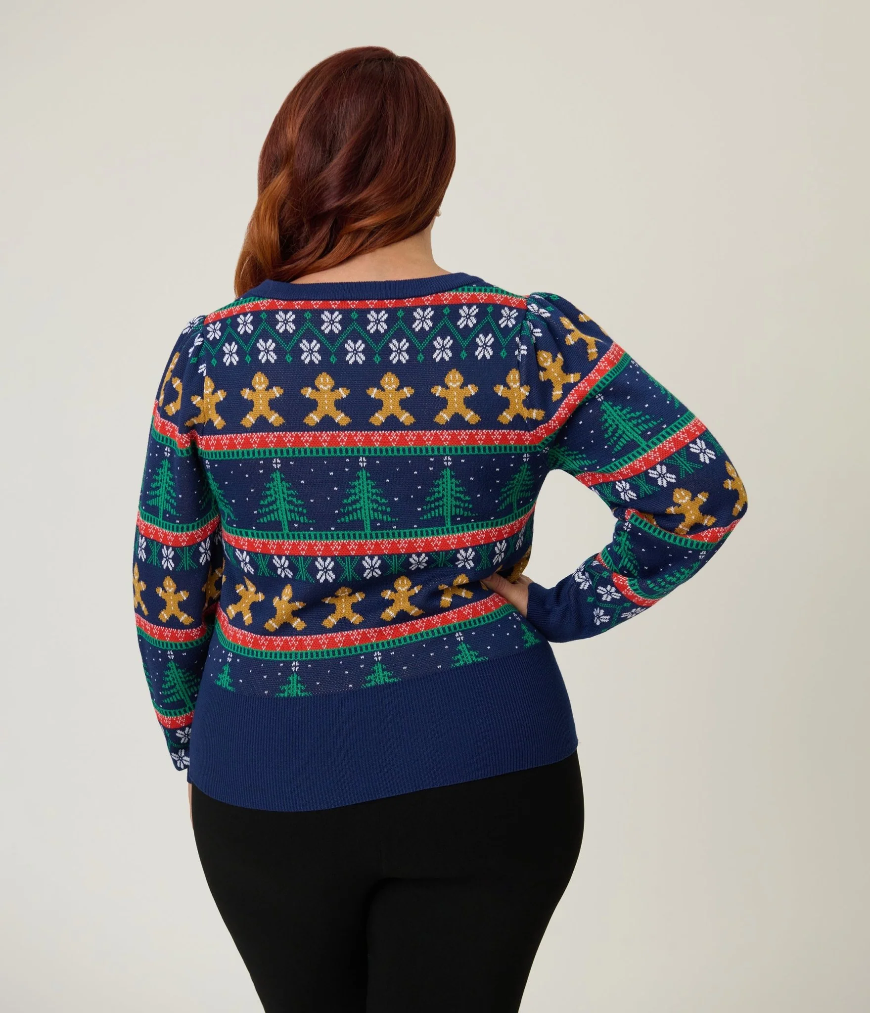 Unique Vintage Plus Size Navy & Gingerbread Men Fair Isle Sweater - Image 2