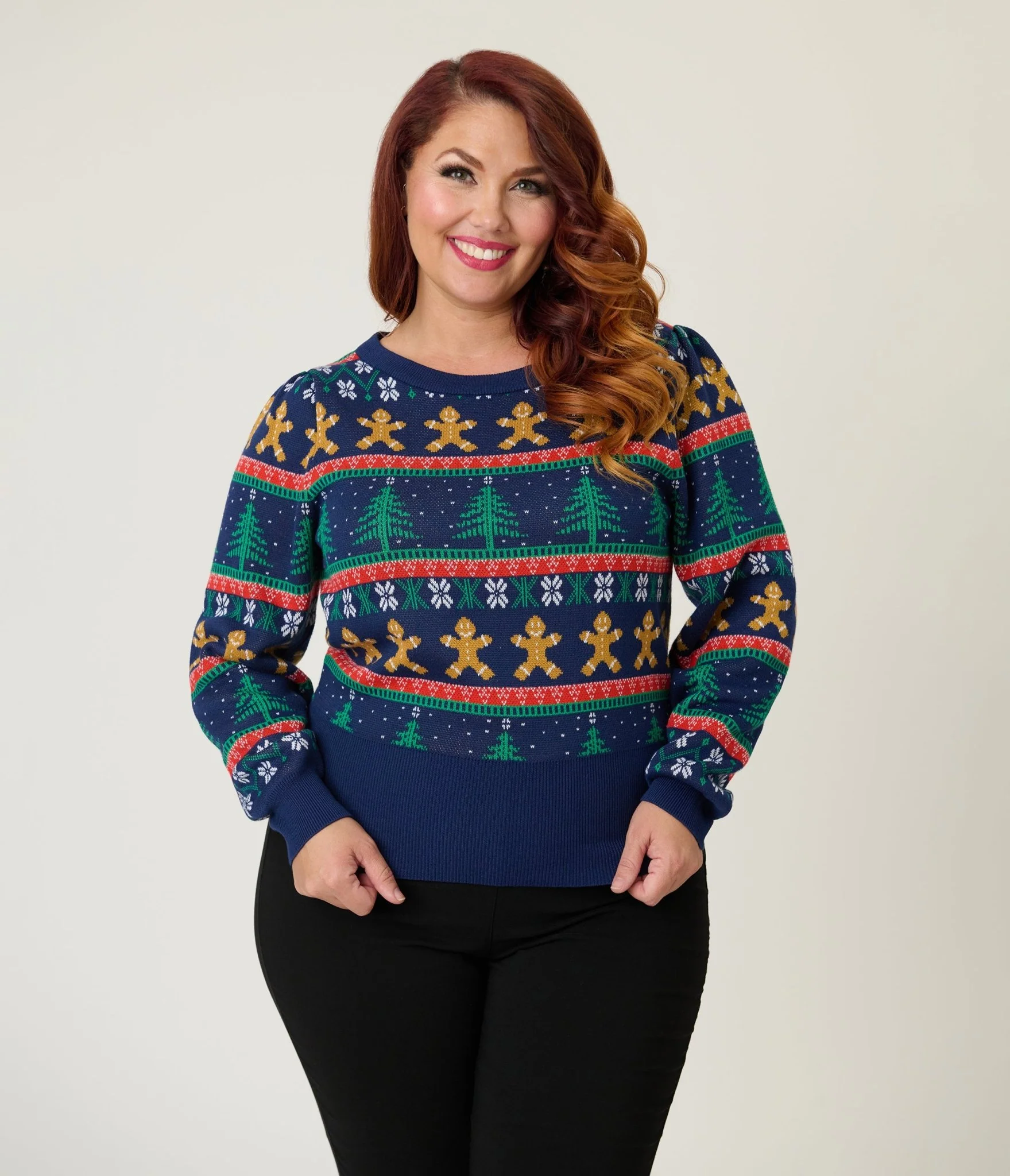 Unique Vintage Plus Size Navy & Gingerbread Men Fair Isle Sweater - Image 3
