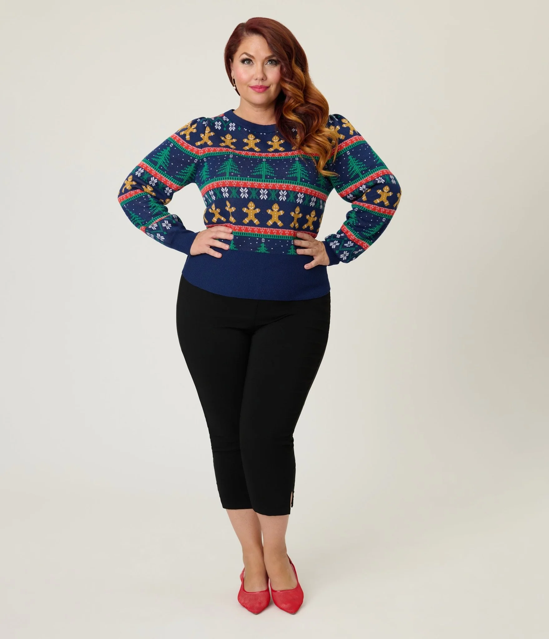 Unique Vintage Plus Size Navy & Gingerbread Men Fair Isle Sweater - Image 4
