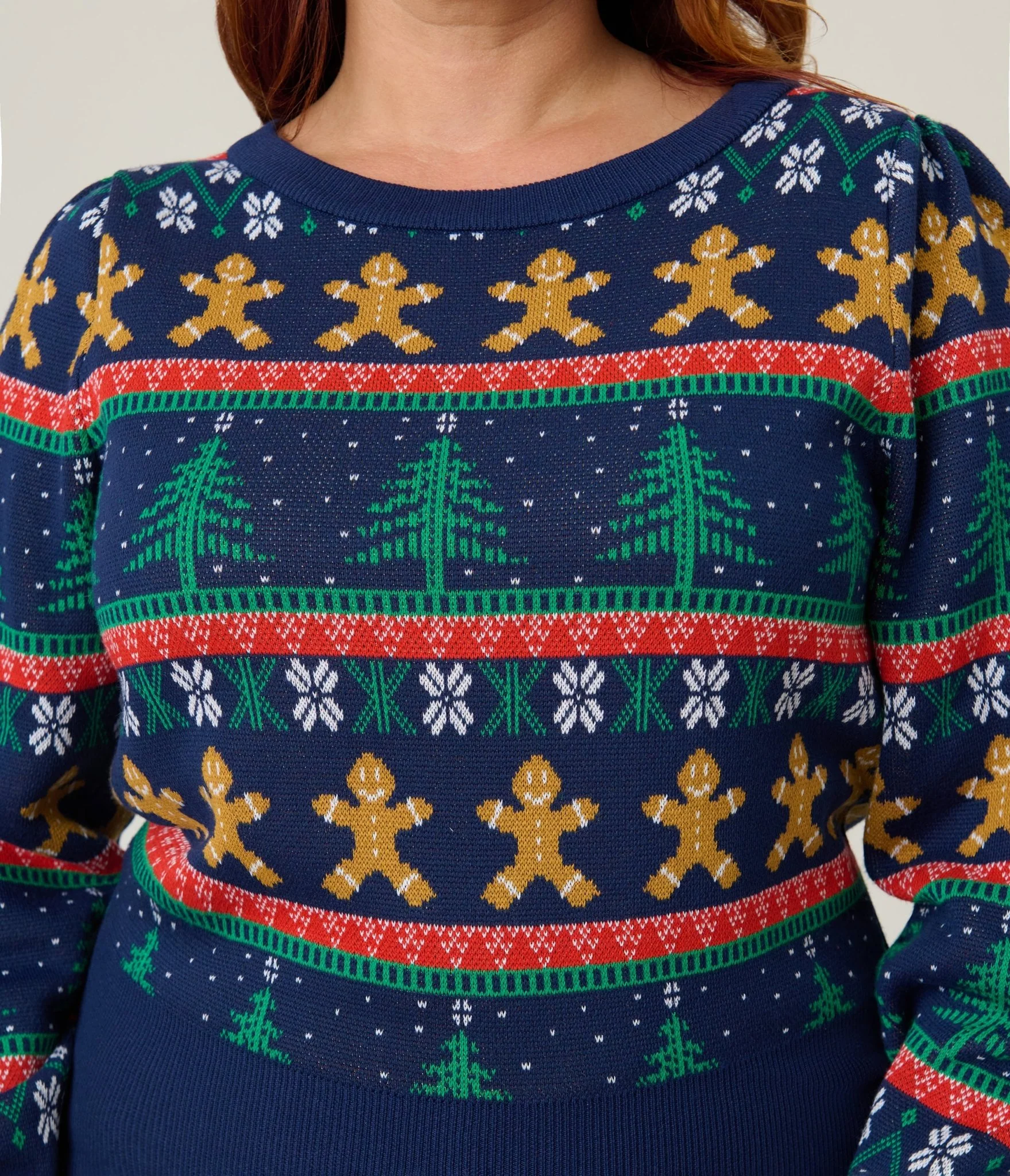 Unique Vintage Plus Size Navy & Gingerbread Men Fair Isle Sweater - Image 5