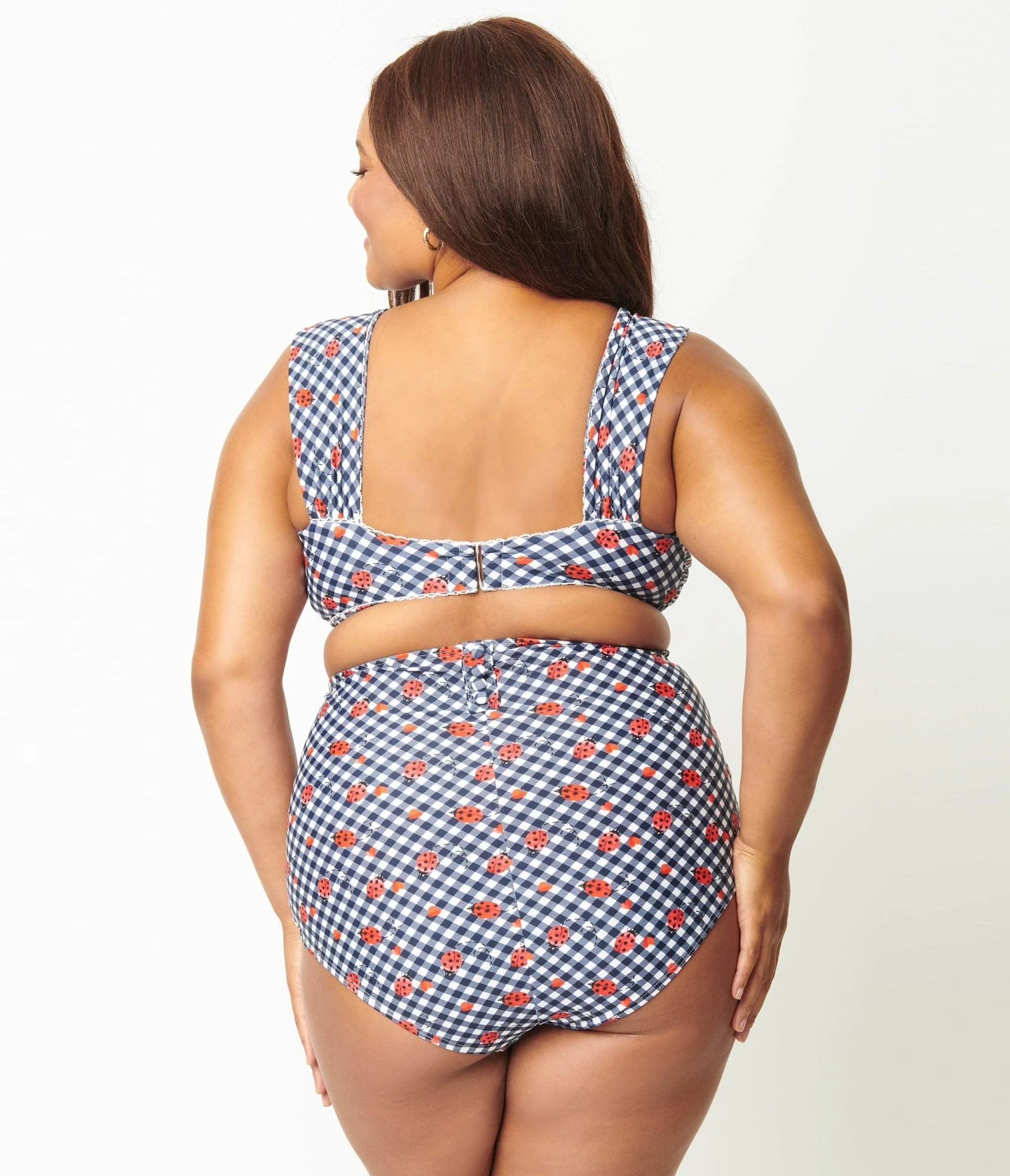 Unique Vintage Plus Size Navy Gingham & Ladybug Print High Waist Louise Swim Bottom - Image 3