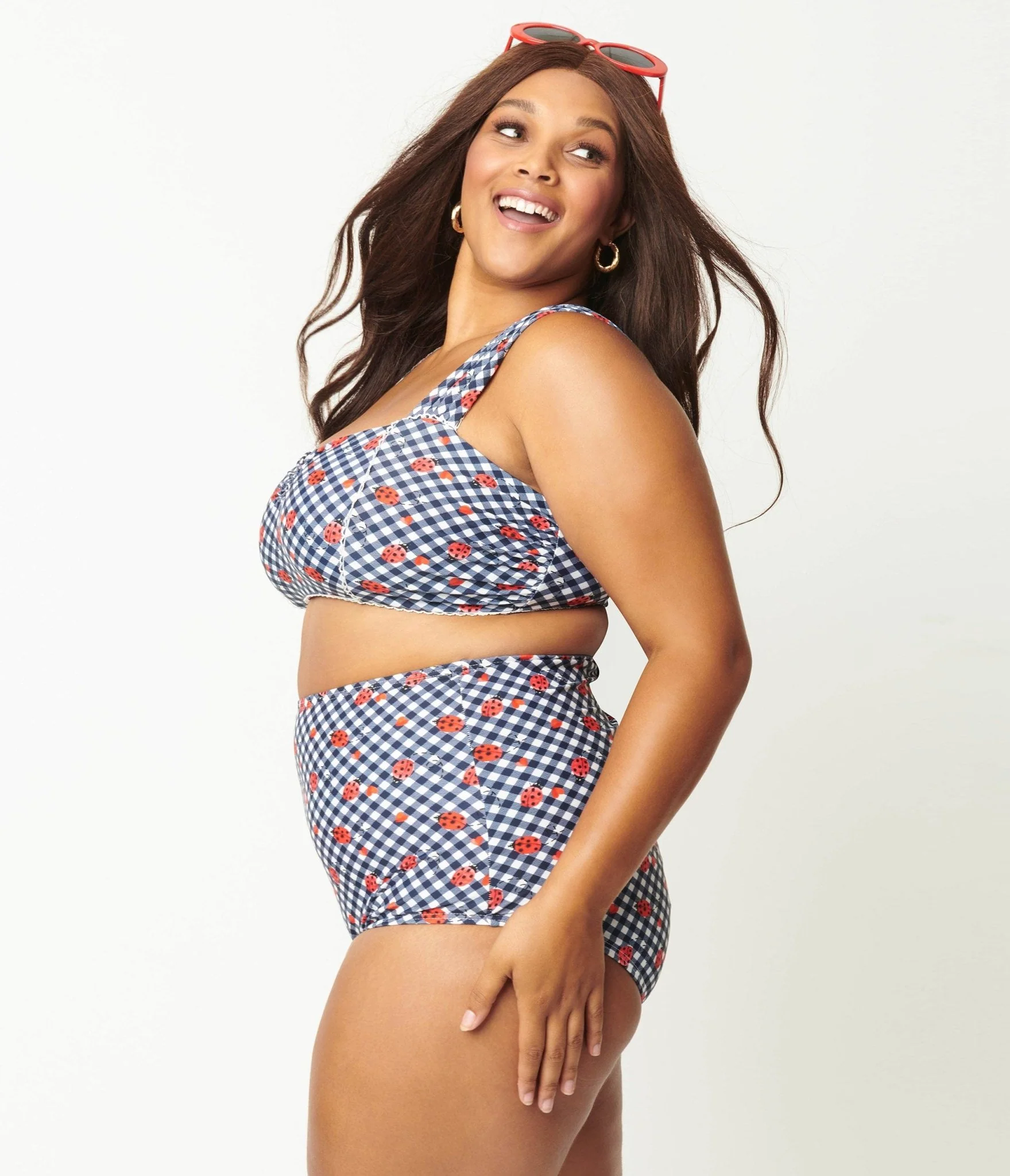 Unique Vintage Plus Size Navy Gingham & Ladybug Print High Waist Louise Swim Bottom - Image 4