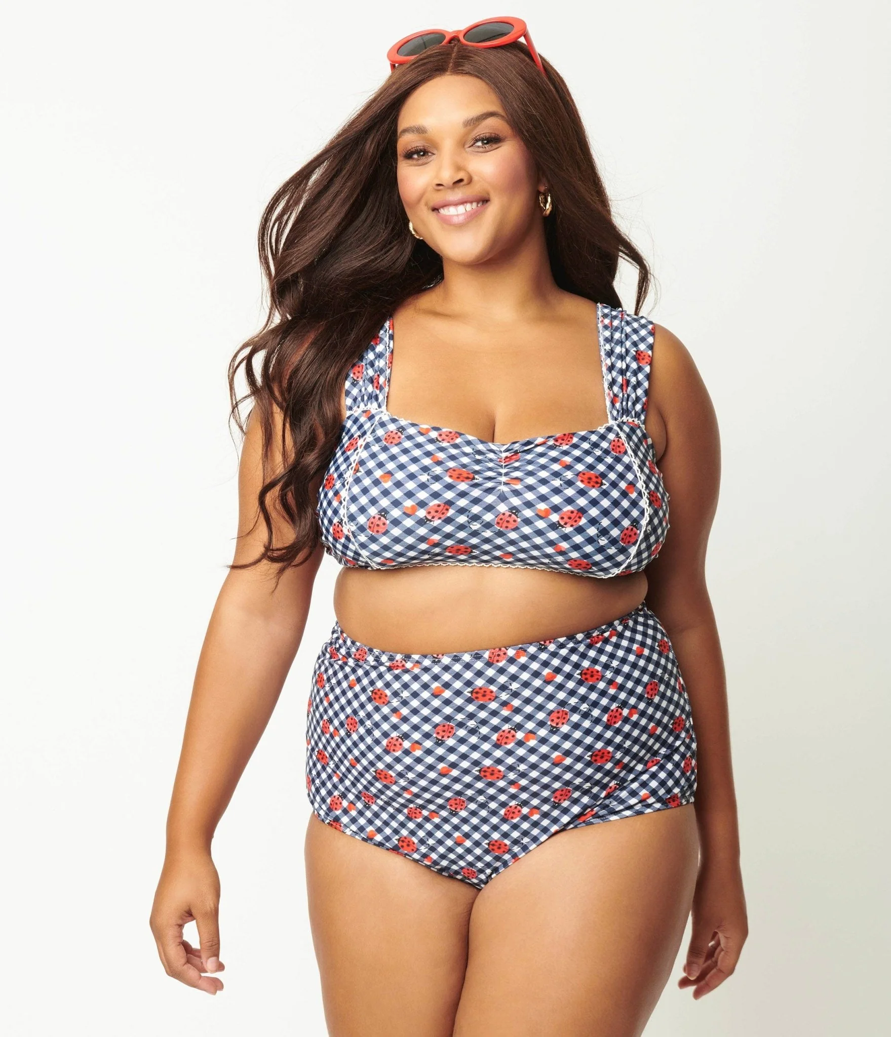 Unique Vintage Plus Size Navy Gingham & Ladybug Print High Waist Louise Swim Bottom - Image 5