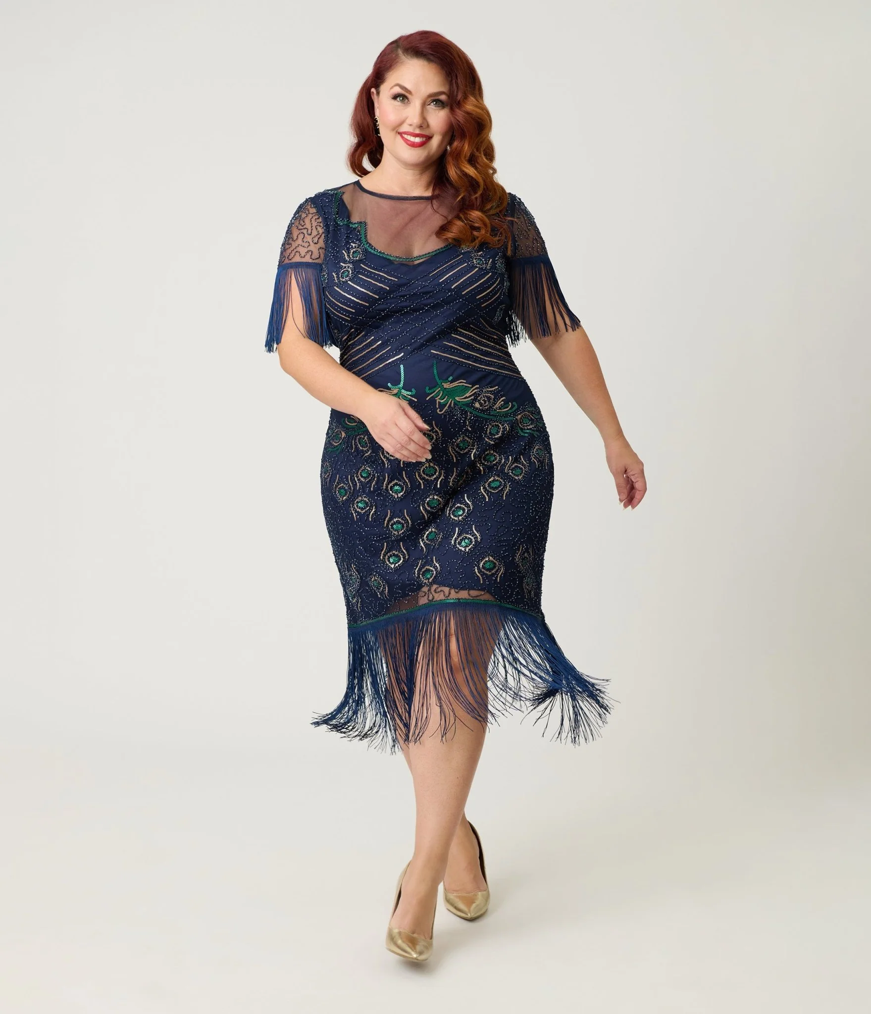 Unique Vintage Plus Size Navy & Green Peacock Beaded Nadine Fringe Flapper Dress - Image 3