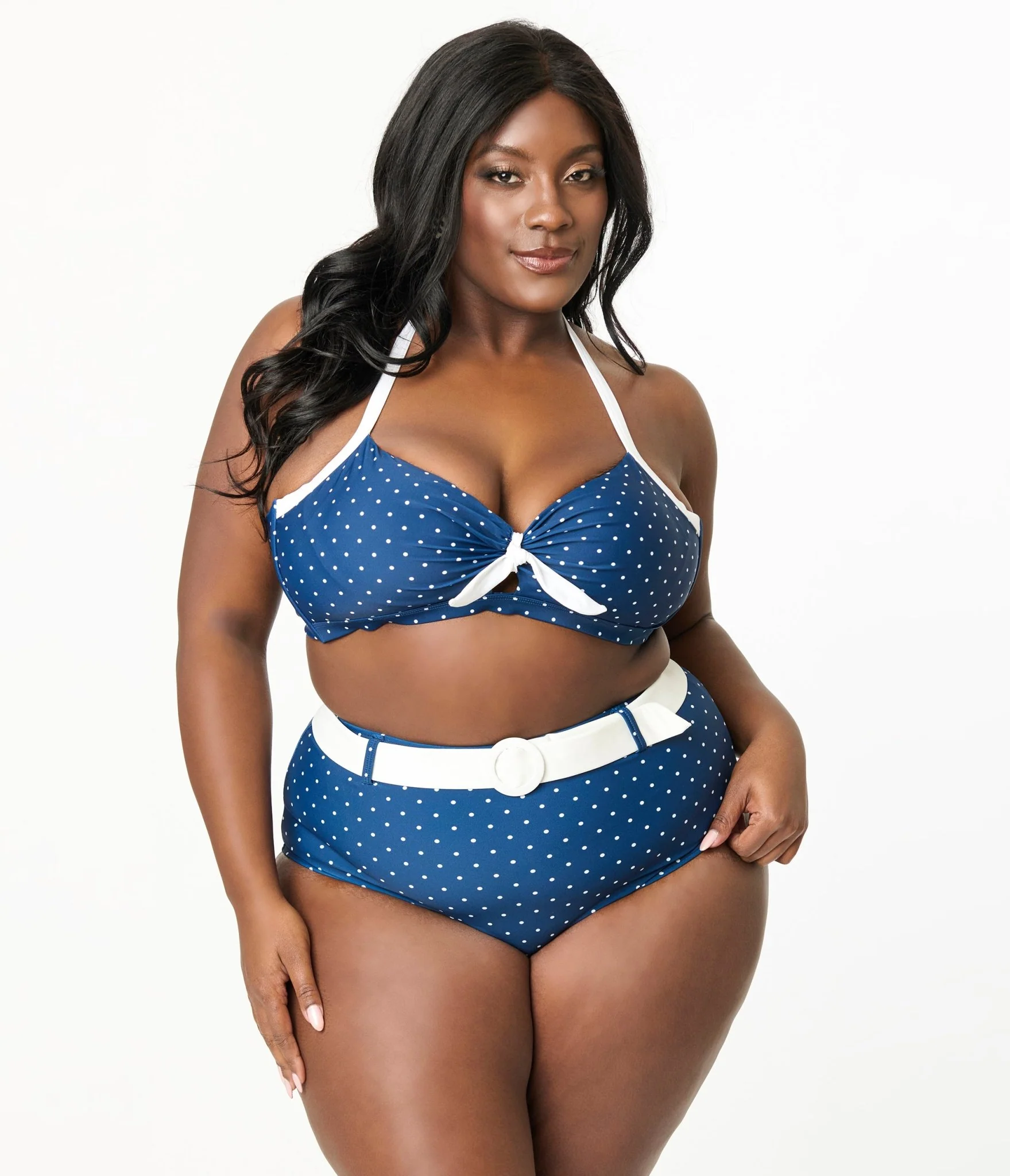Unique Vintage Plus Size Navy & White Pin Dot Belted Swim Bottoms - Image 3