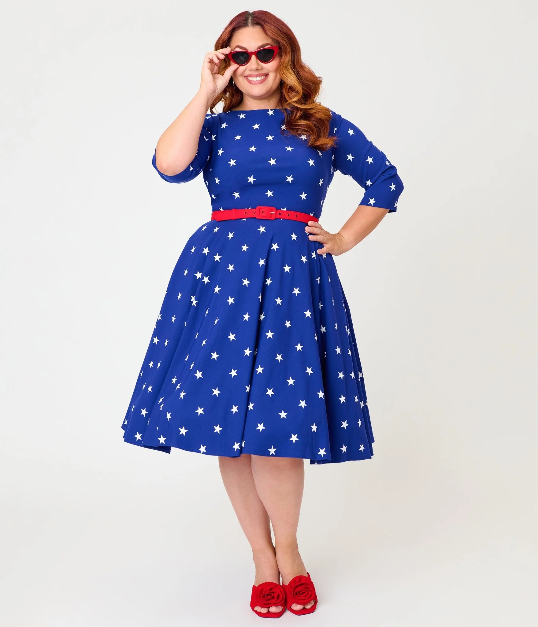 Unique Vintage Plus Size Navy & White Star Devon Swing Dress
