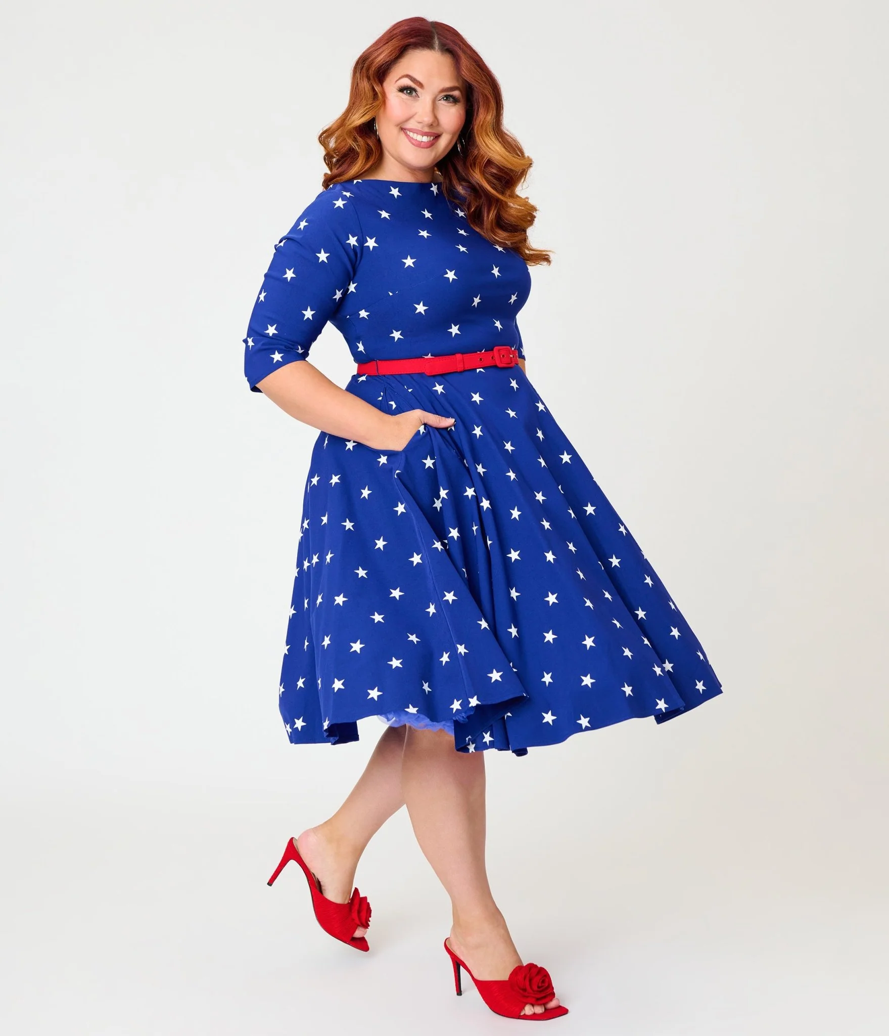 Unique Vintage Plus Size Navy & White Star Devon Swing Dress - Image 5