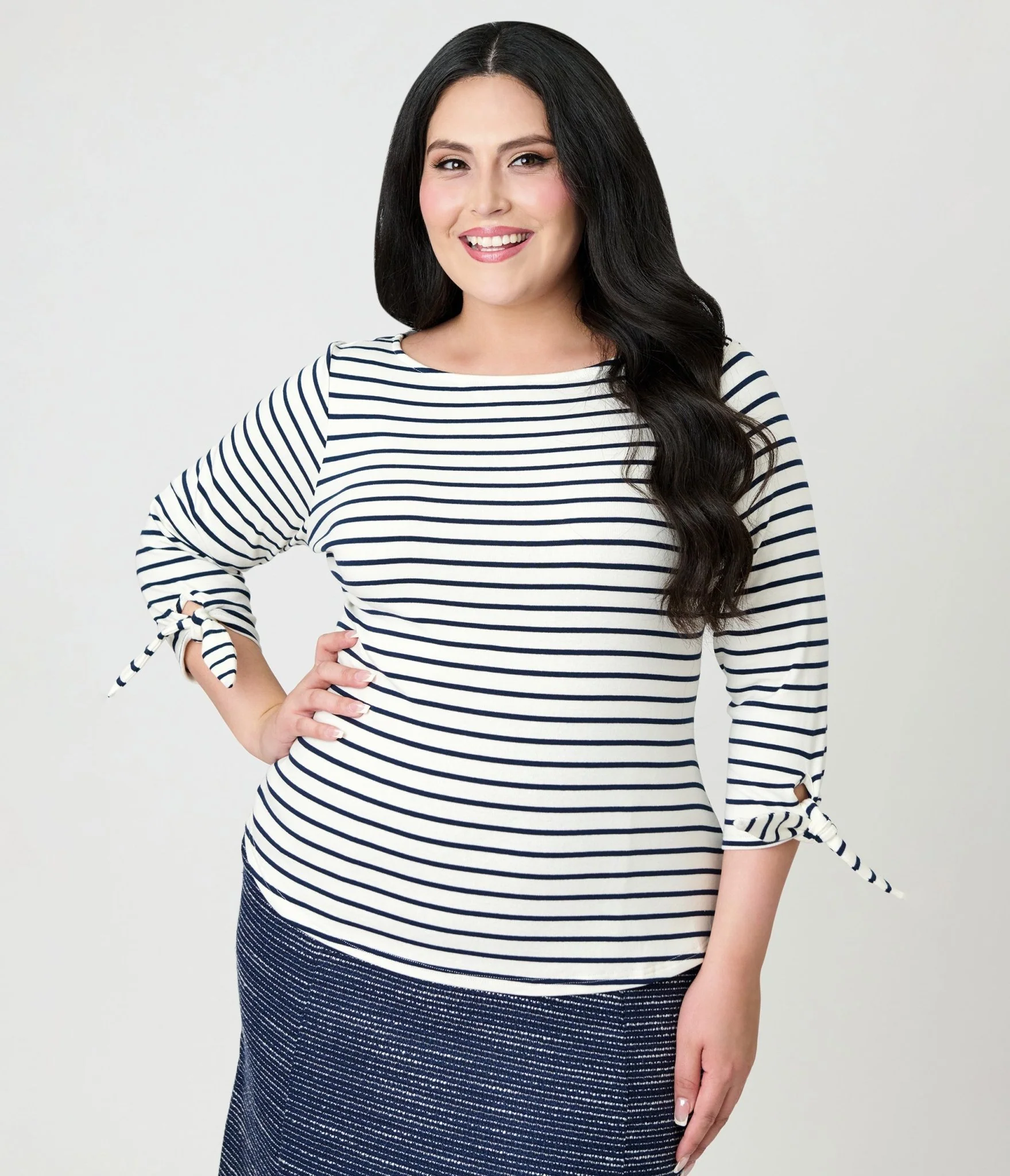 Unique Vintage Plus Size Navy & White Stripe Gracie Top - Image 3