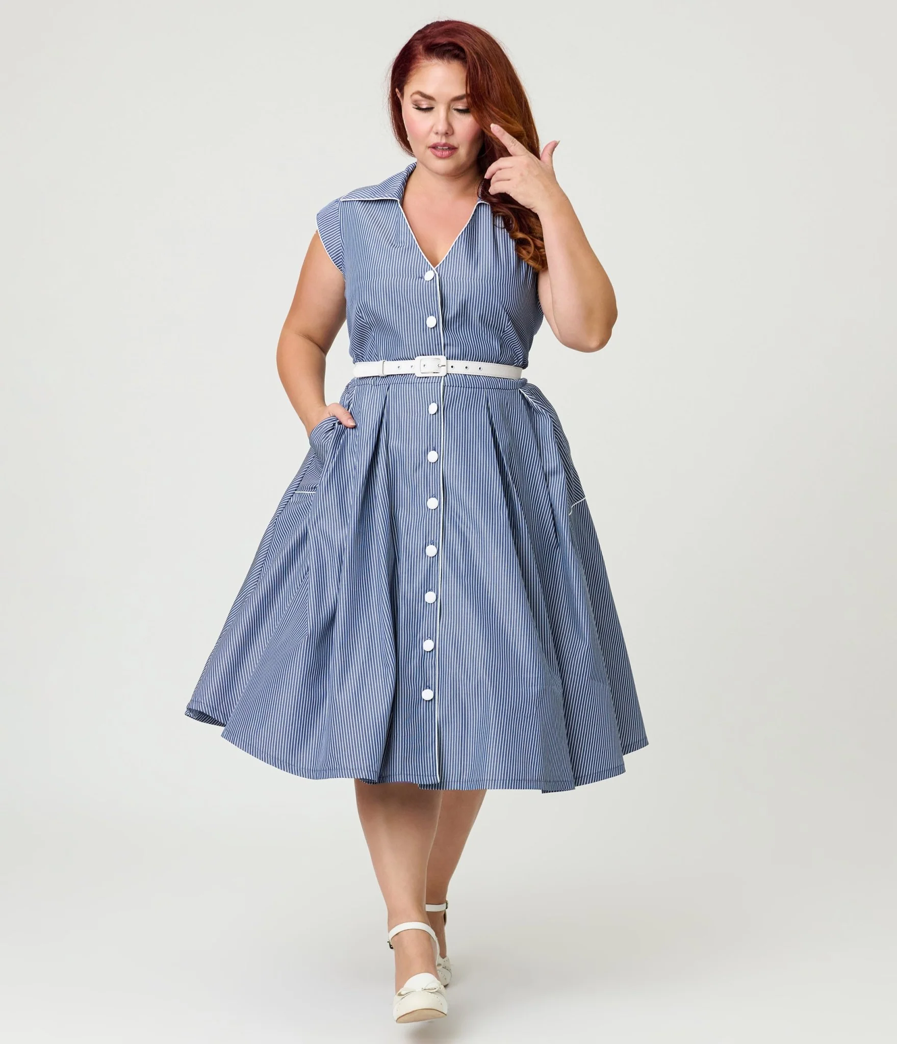 Unique Vintage Plus Size Navy & White Stripe Shirt Swing Dress - Image 3