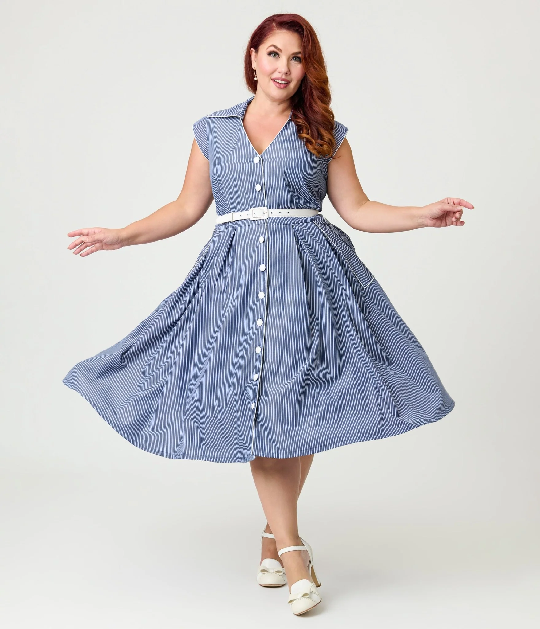 Unique Vintage Plus Size Navy & White Stripe Shirt Swing Dress - Image 4