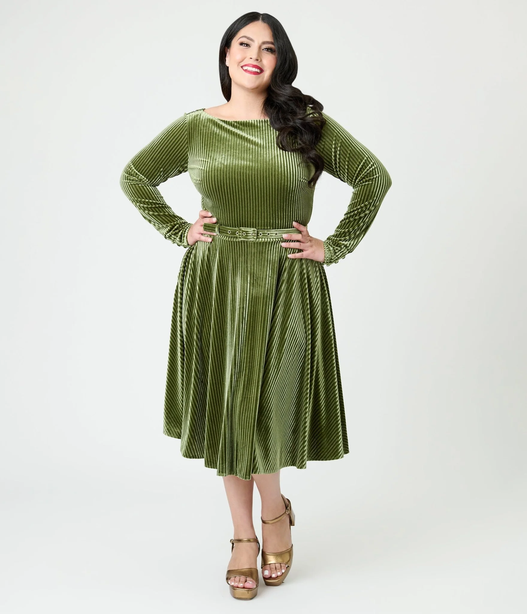 Unique Vintage Plus Size Olive Green Long Sleeve Devon Swing Dress - Image 3