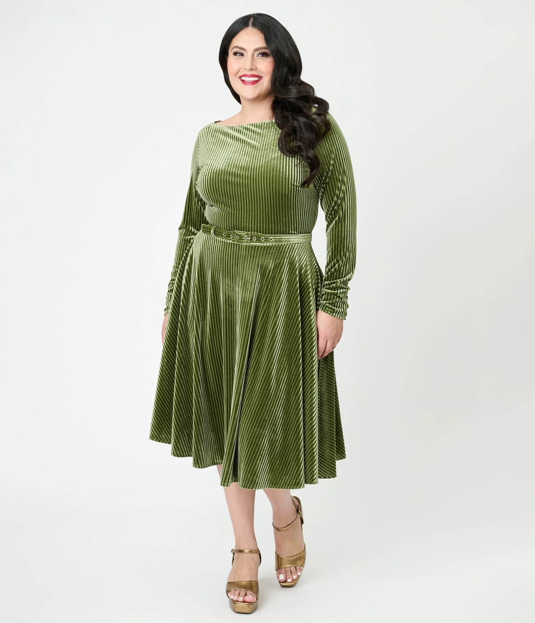 Unique Vintage Plus Size Olive Green Long Sleeve Devon Swing Dress - Image 4