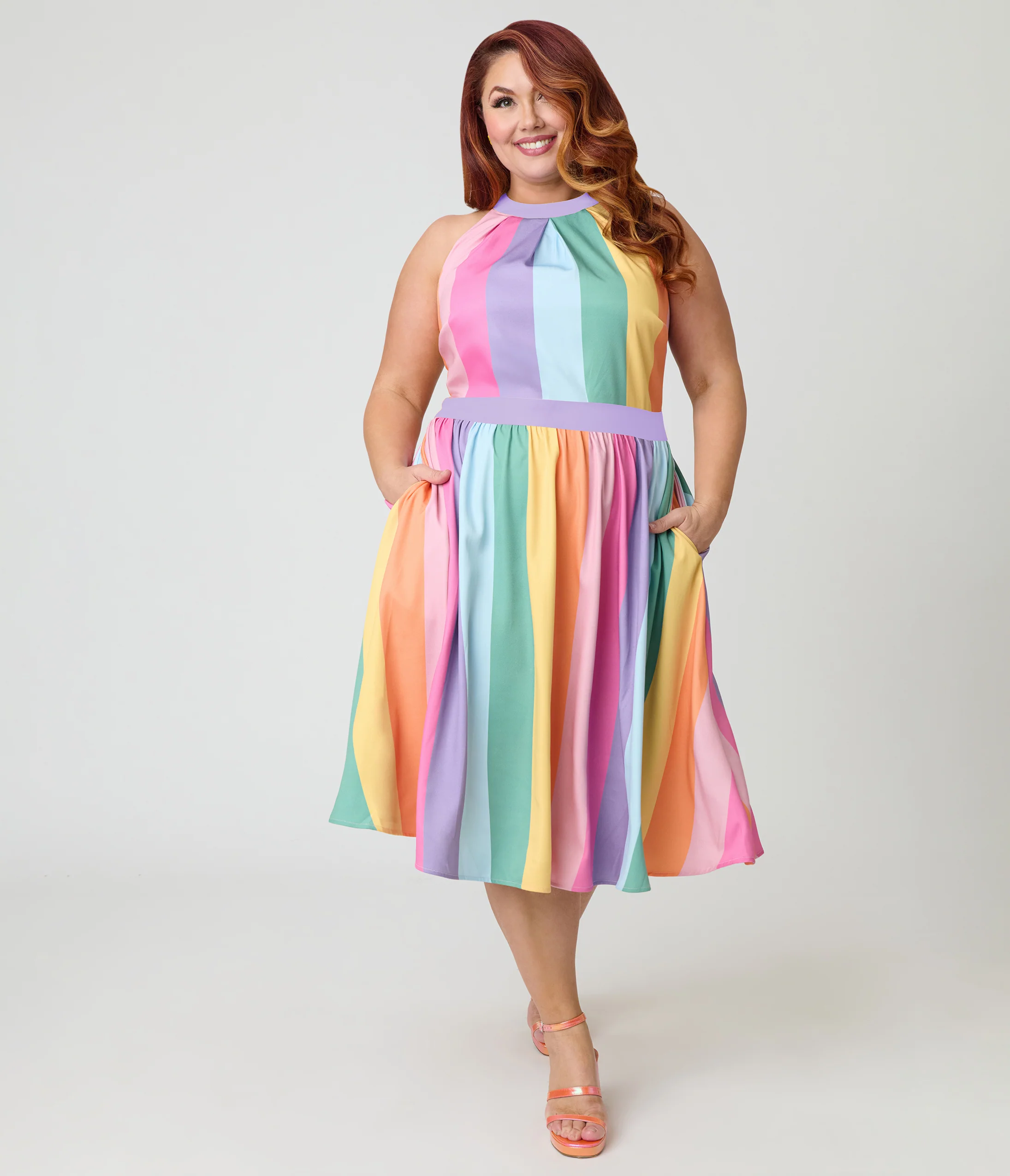 Unique Vintage Plus Size Pastel Rainbow Stripe Lombard Swing Dress - Image 5