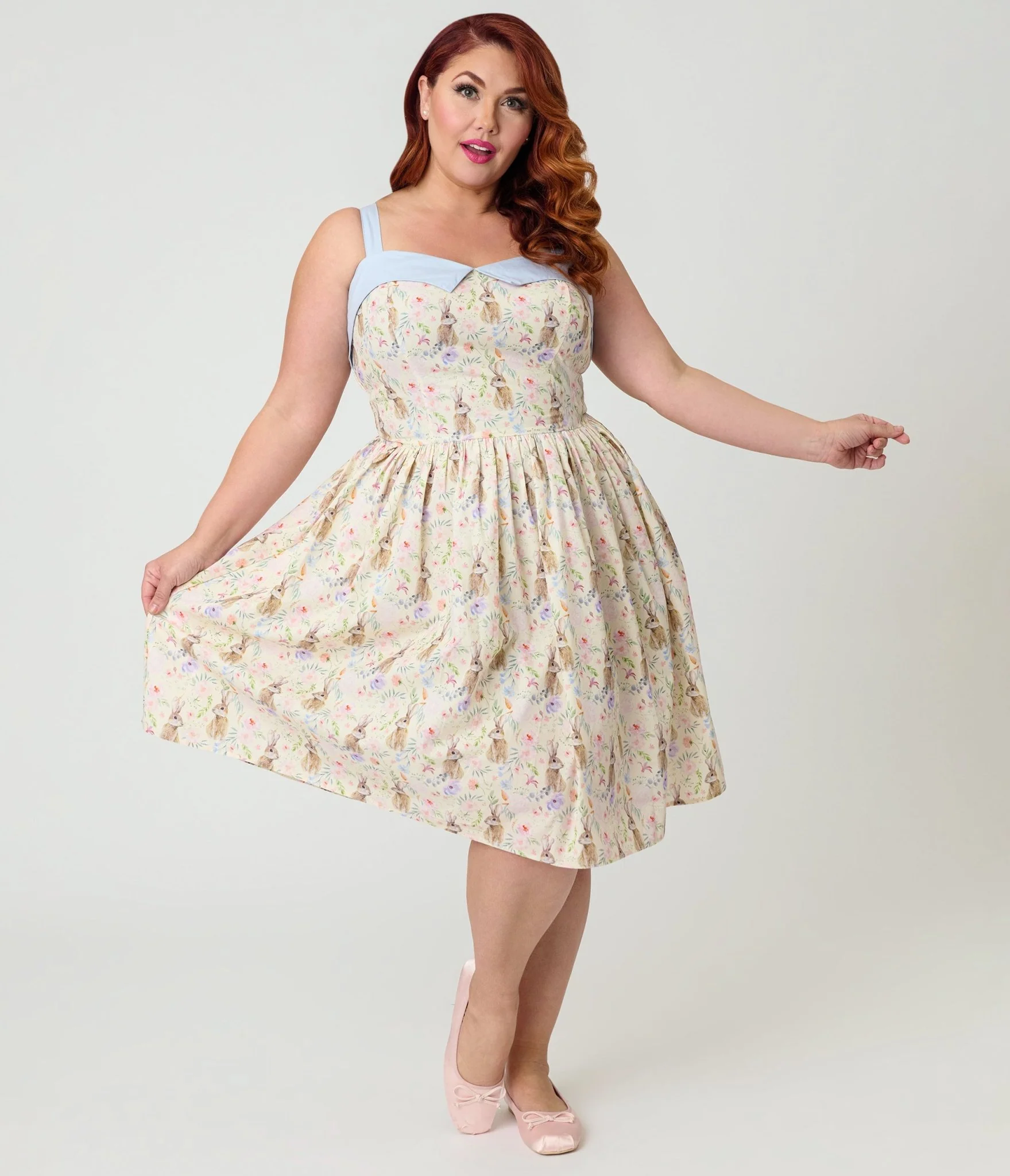 Unique Vintage Plus Size Periwinkle Bunny Print Rachel Swing Dress - Image 3