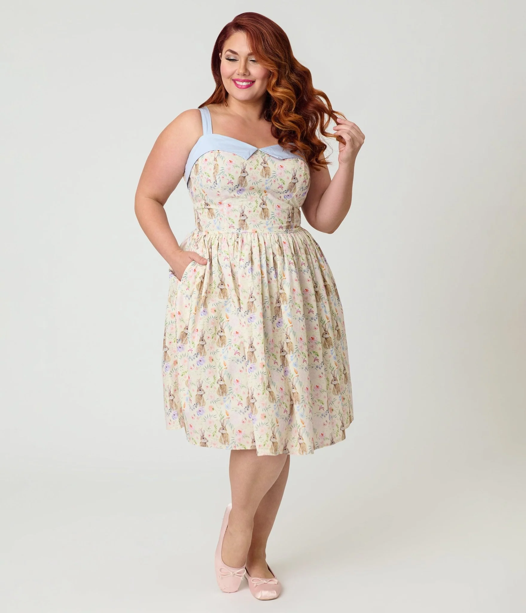 Unique Vintage Plus Size Periwinkle Bunny Print Rachel Swing Dress - Image 4