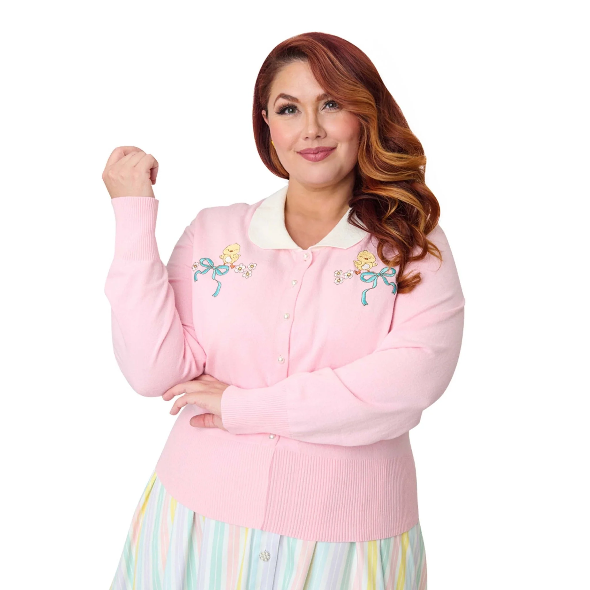 Unique Vintage Plus Size Pink Chick Embroidered Cardigan
