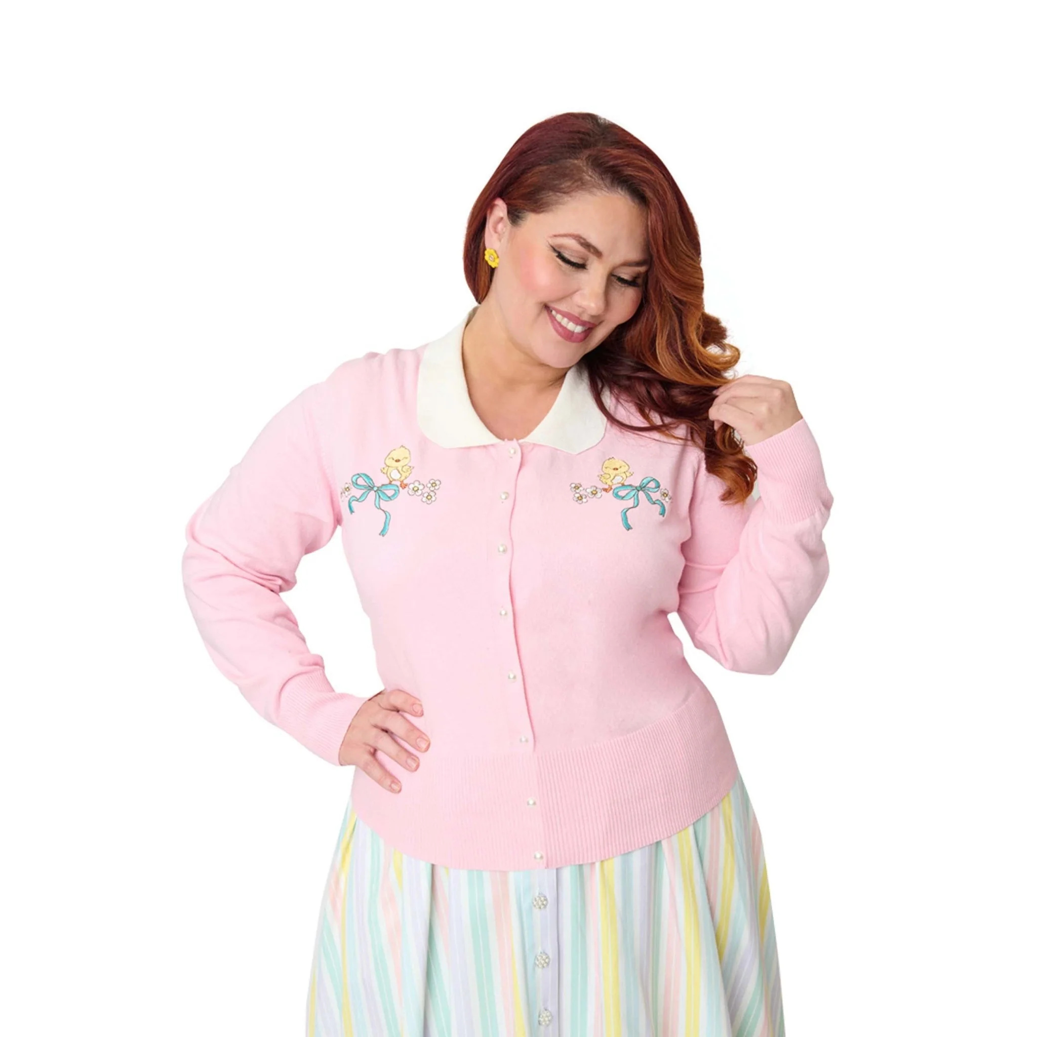 Unique Vintage Plus Size Pink Chick Embroidered Cardigan - Image 4