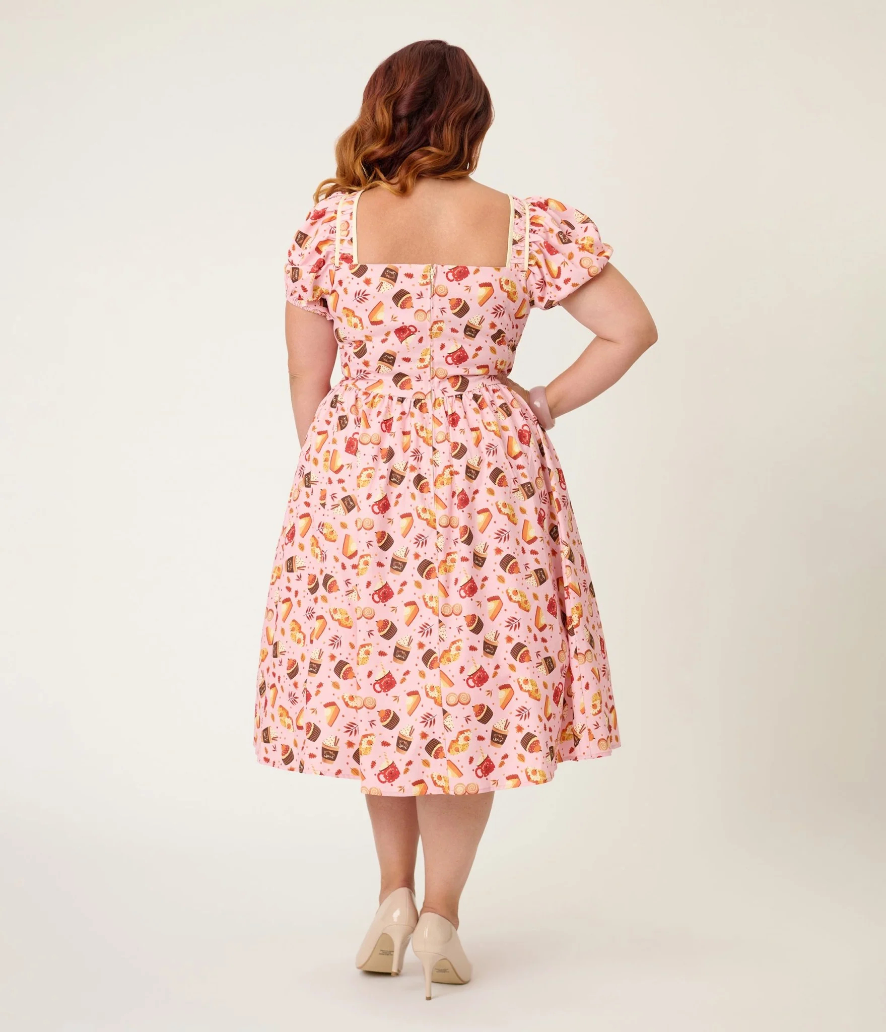 Unique Vintage Plus Size Pink Fall Treats Print Button Front Swing Dress - Image 2