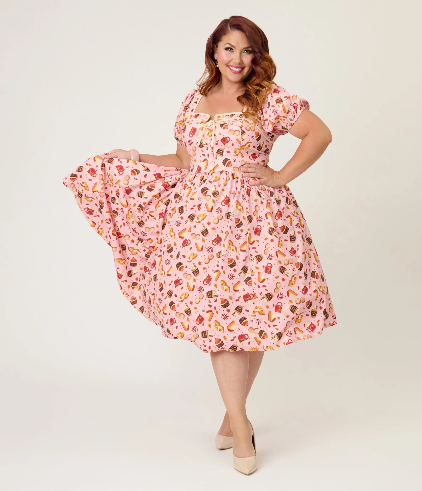 Unique Vintage Plus Size Pink Fall Treats Print Button Front Swing Dress - Image 3