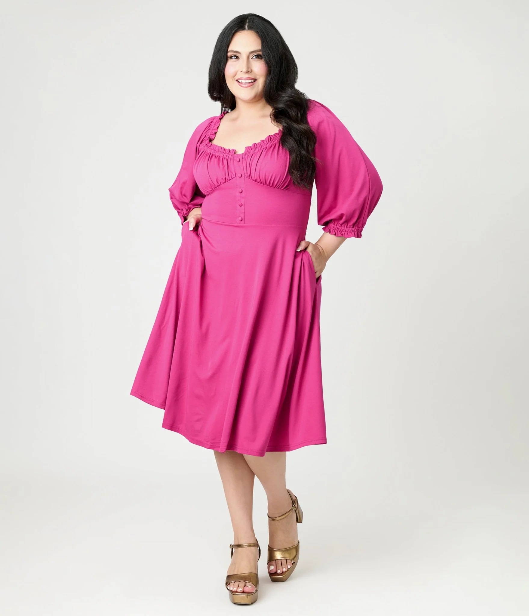 Unique Vintage Plus Size Pink Peasant Sleeve Swing Dress - Image 3