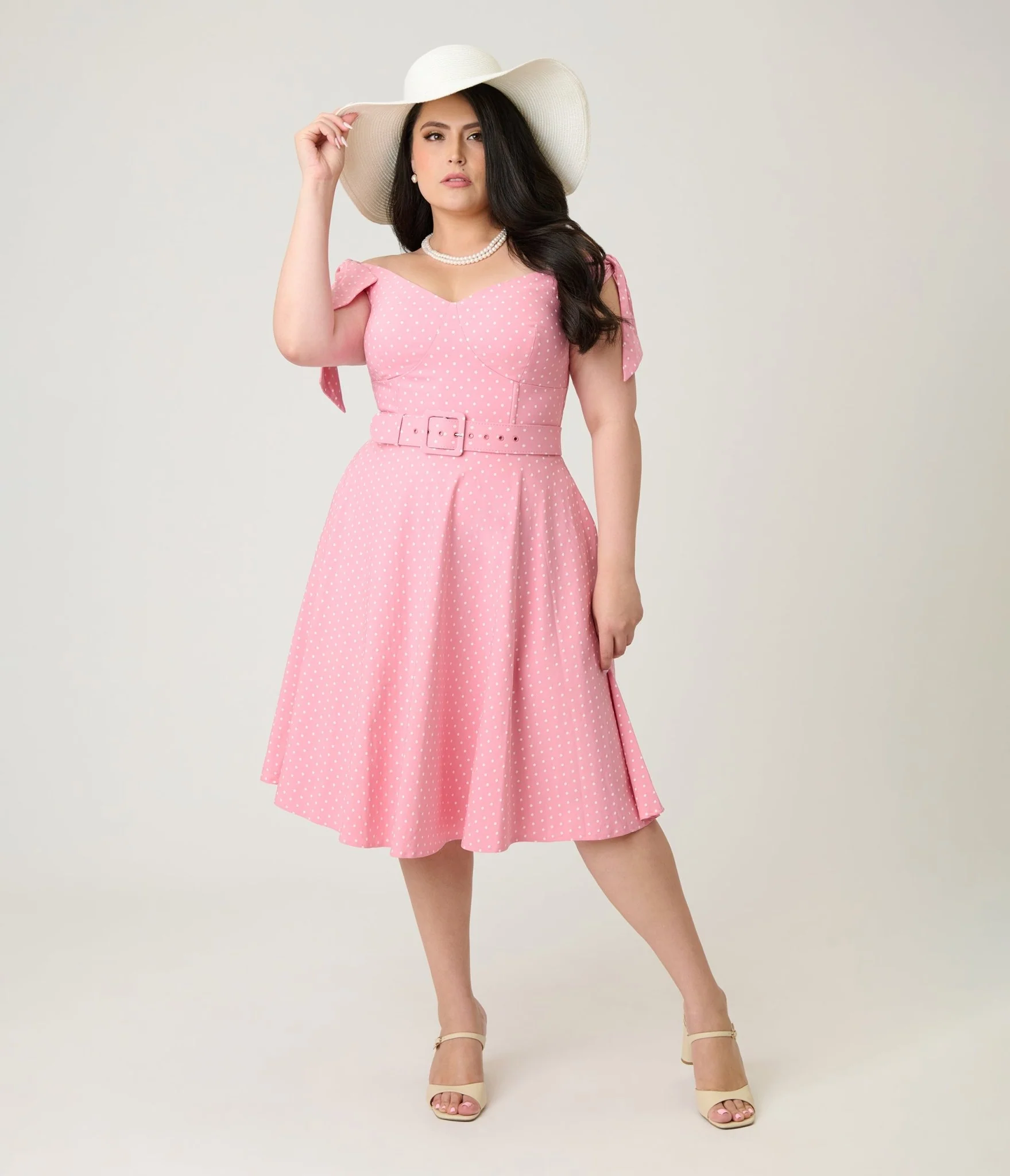 Unique Vintage Plus Size Pink Pin Dot Off The Shoulder Prairie Swing Dress