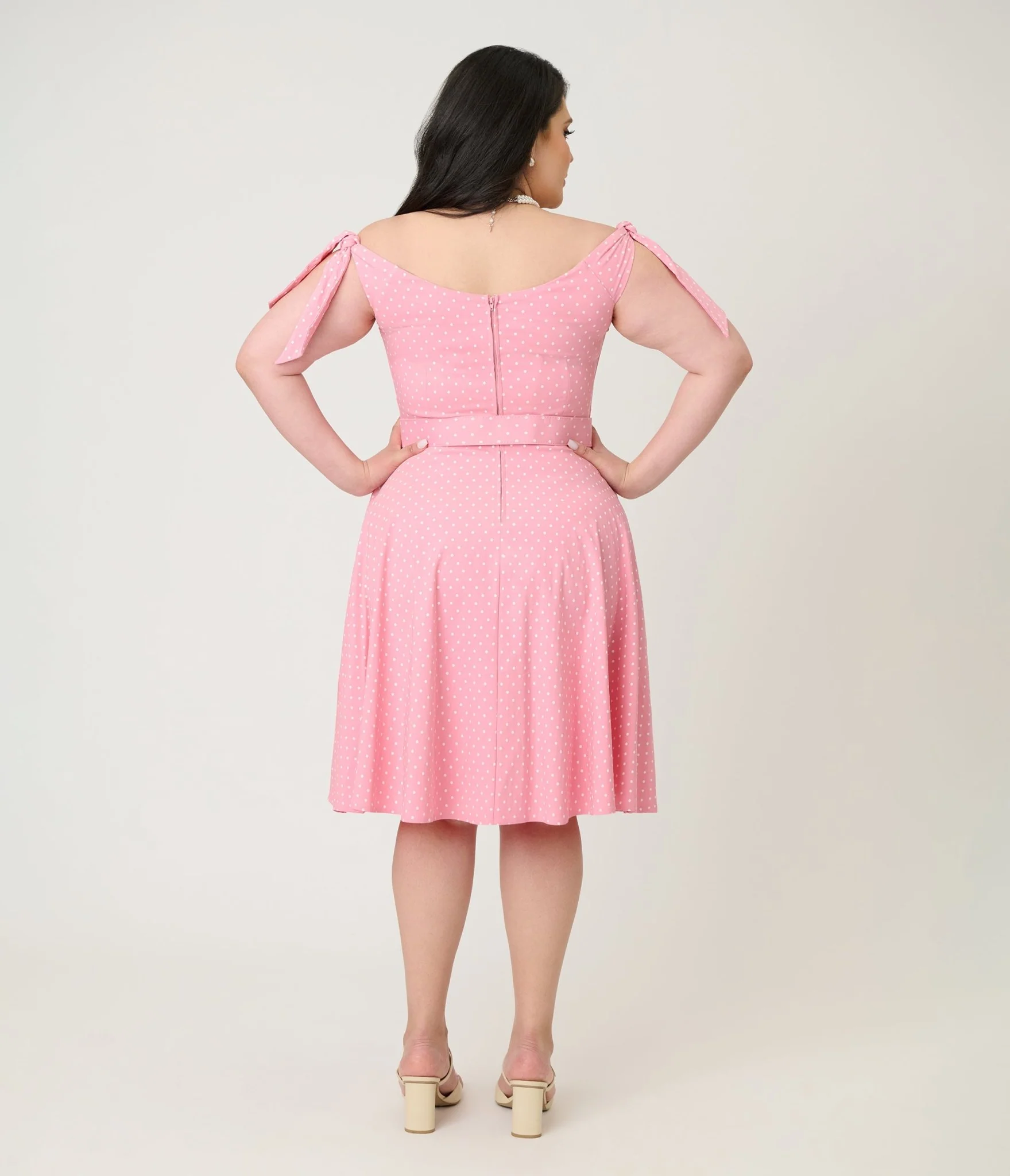 Unique Vintage Plus Size Pink Pin Dot Off The Shoulder Prairie Swing Dress - Image 2