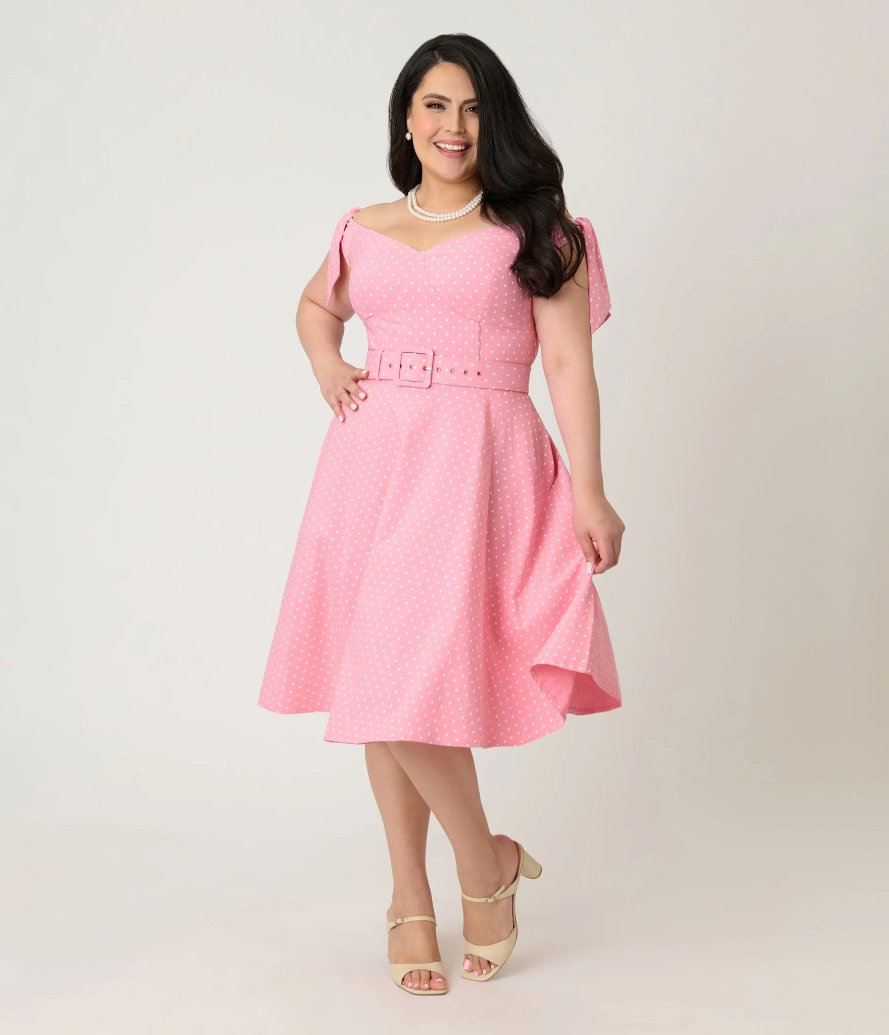 Unique Vintage Plus Size Pink Pin Dot Off The Shoulder Prairie Swing Dress - Image 4