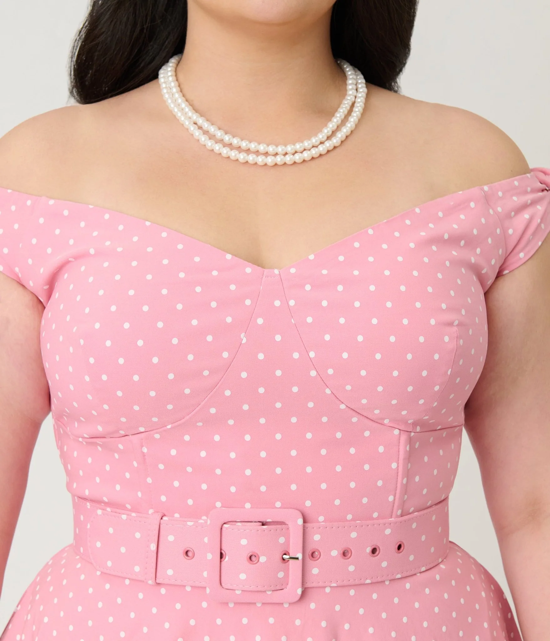 Unique Vintage Plus Size Pink Pin Dot Off The Shoulder Prairie Swing Dress - Image 5