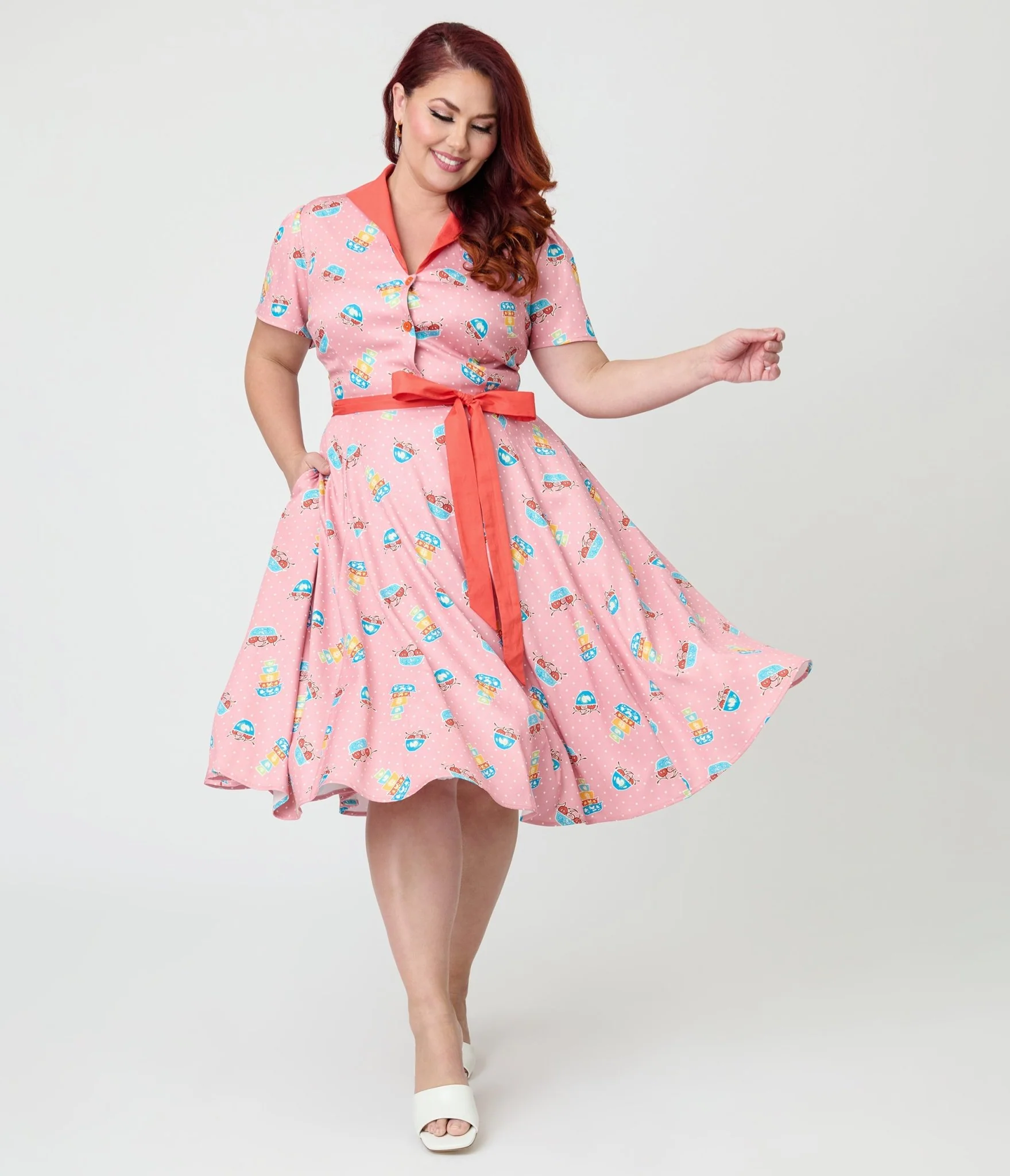 Unique Vintage Plus Size Pink Pyrex Print Cotton Shirt Dress