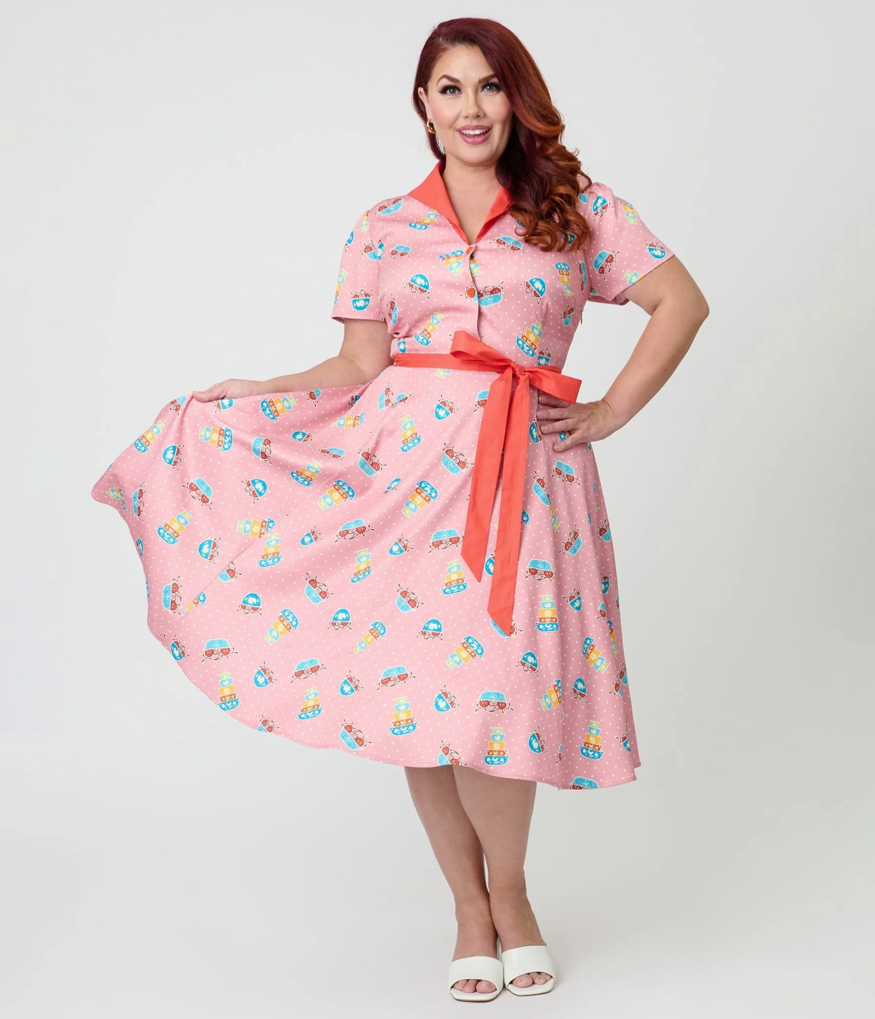 Unique Vintage Plus Size Pink Pyrex Print Cotton Shirt Dress - Image 3