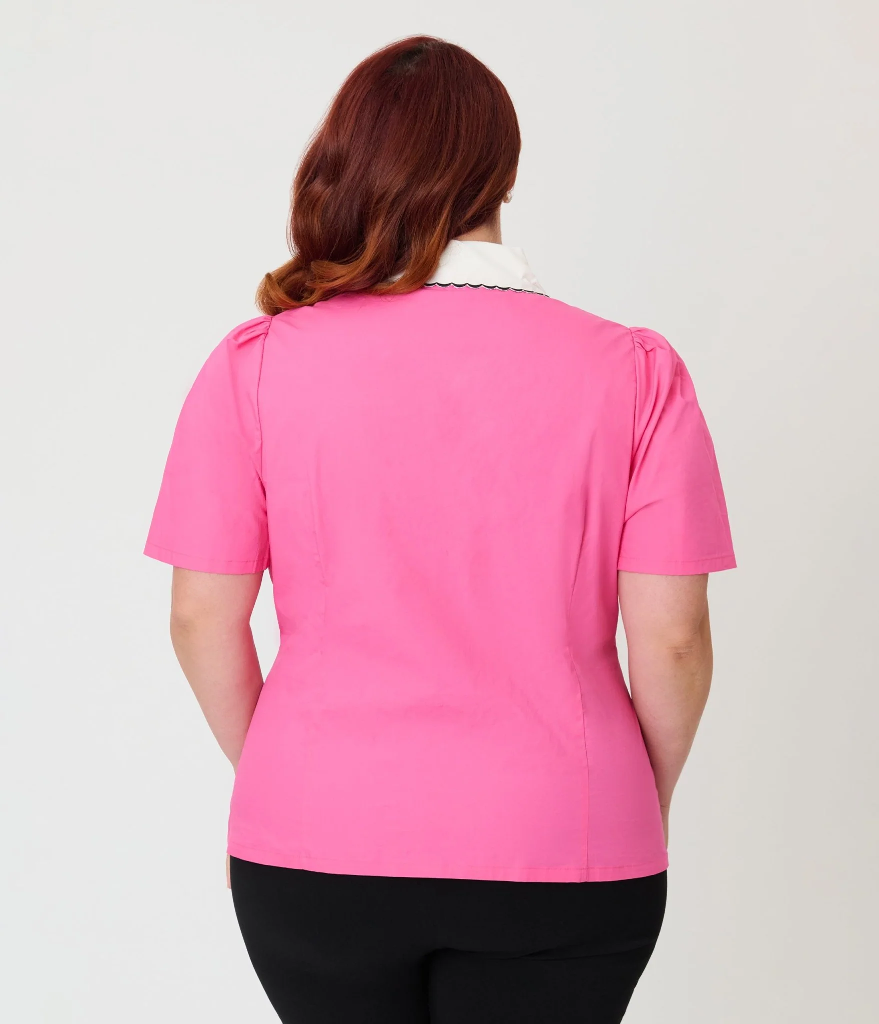 Unique Vintage Plus Size Pink & Rainbow Butterfly Collar Cotton Blouse - Image 2