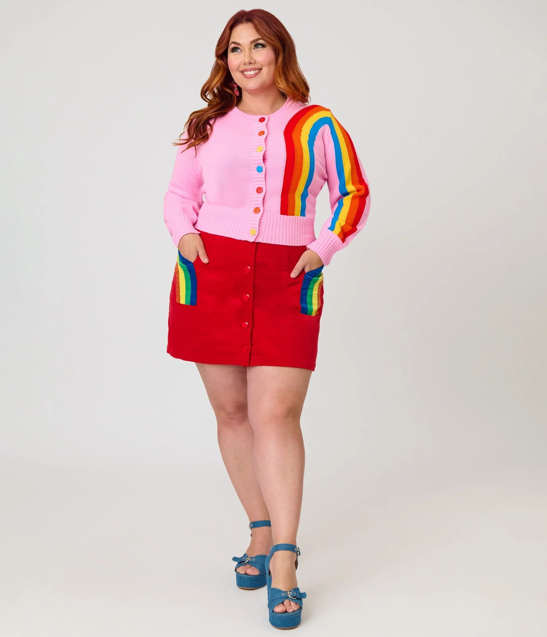 Unique Vintage Plus Size Pink Rainbow Cropped Cardigan - Image 3