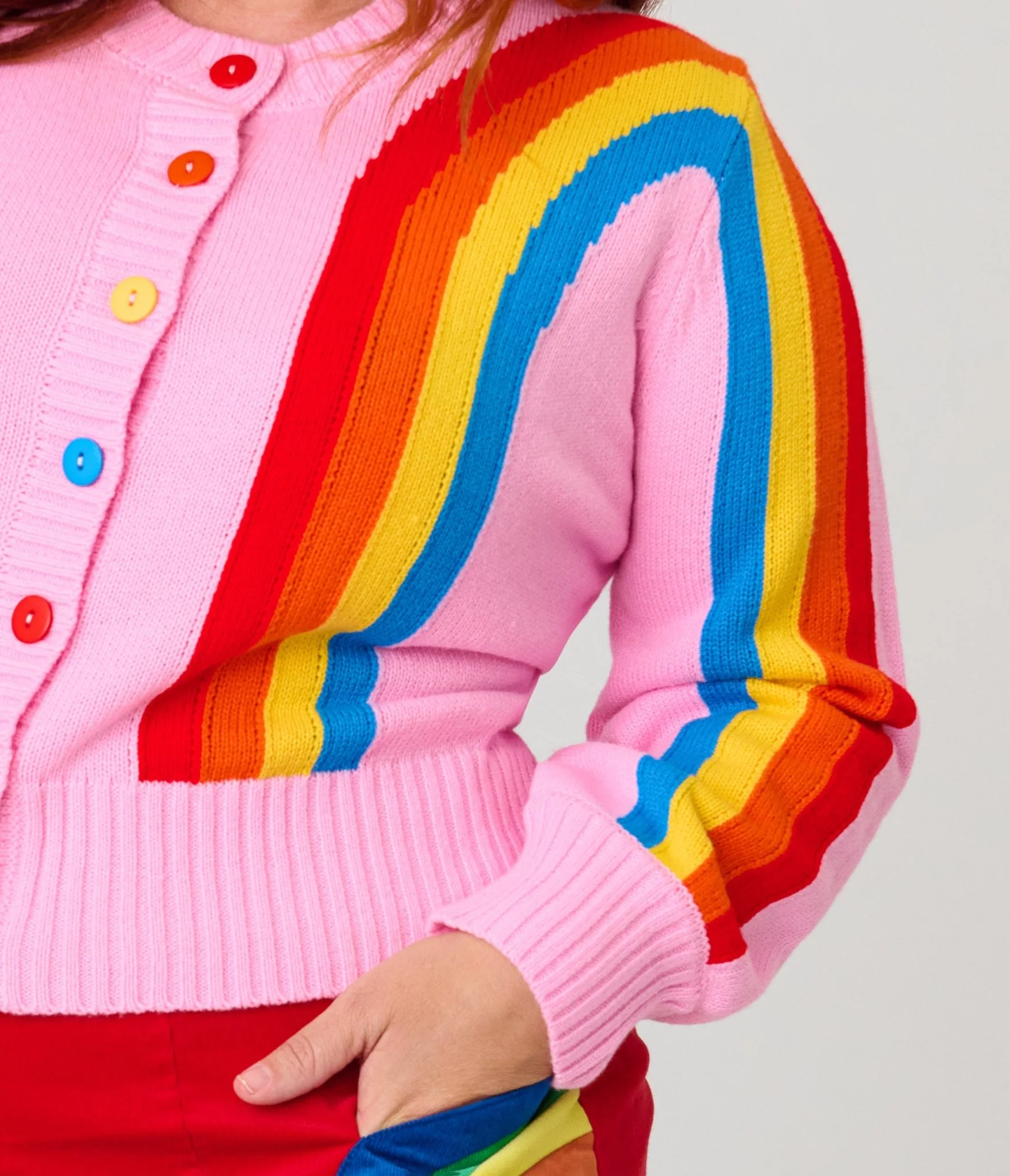 Unique Vintage Plus Size Pink Rainbow Cropped Cardigan - Image 4