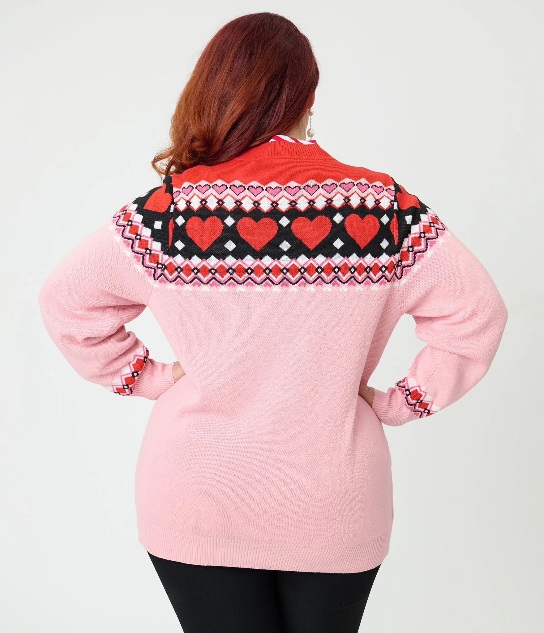 Unique Vintage Plus Size Pink Valentine Fair Isle Button Cardigan - Image 2